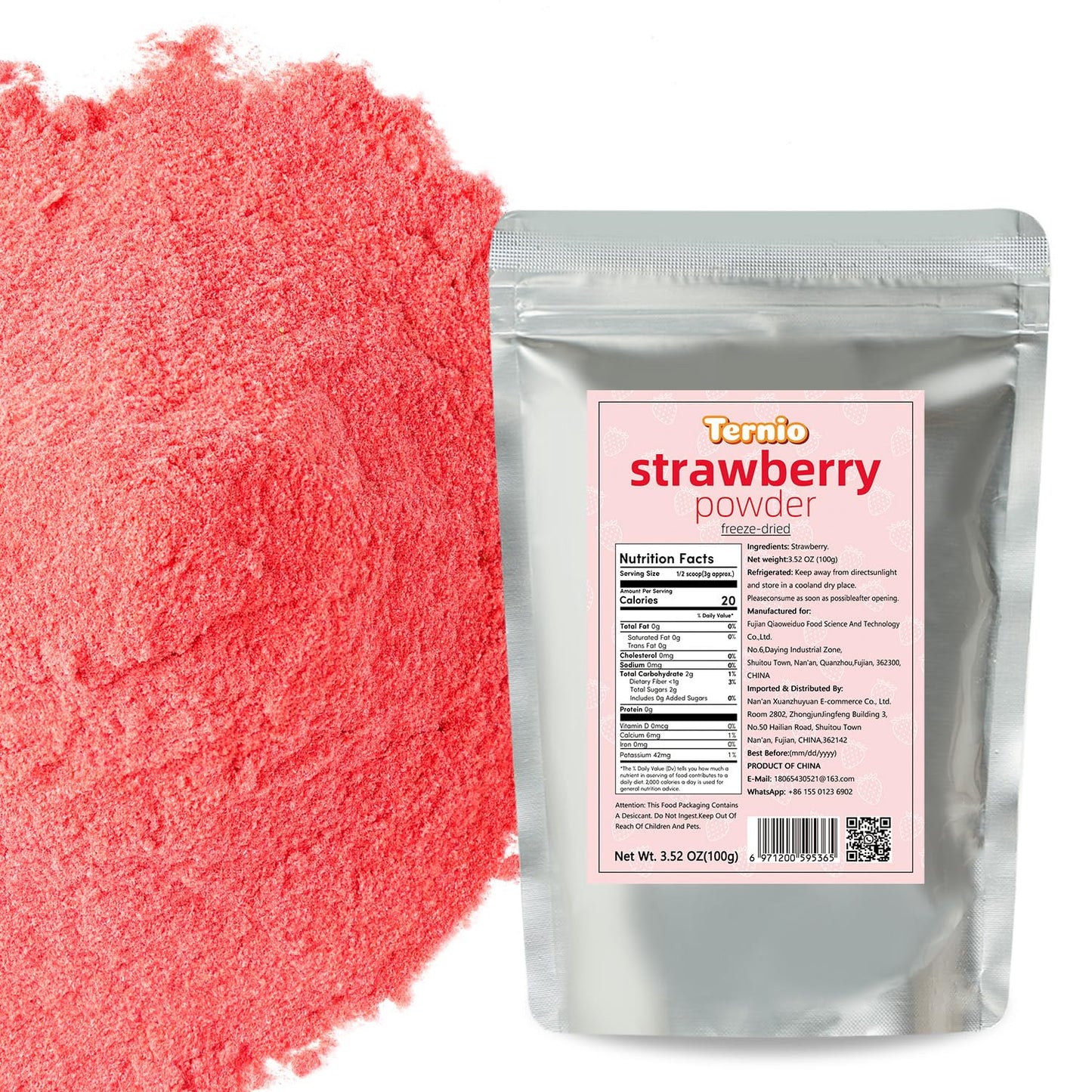 Ternio Freeze Dried Strawberry Powder - 100% Natural Snack - 3.52oz / 100g