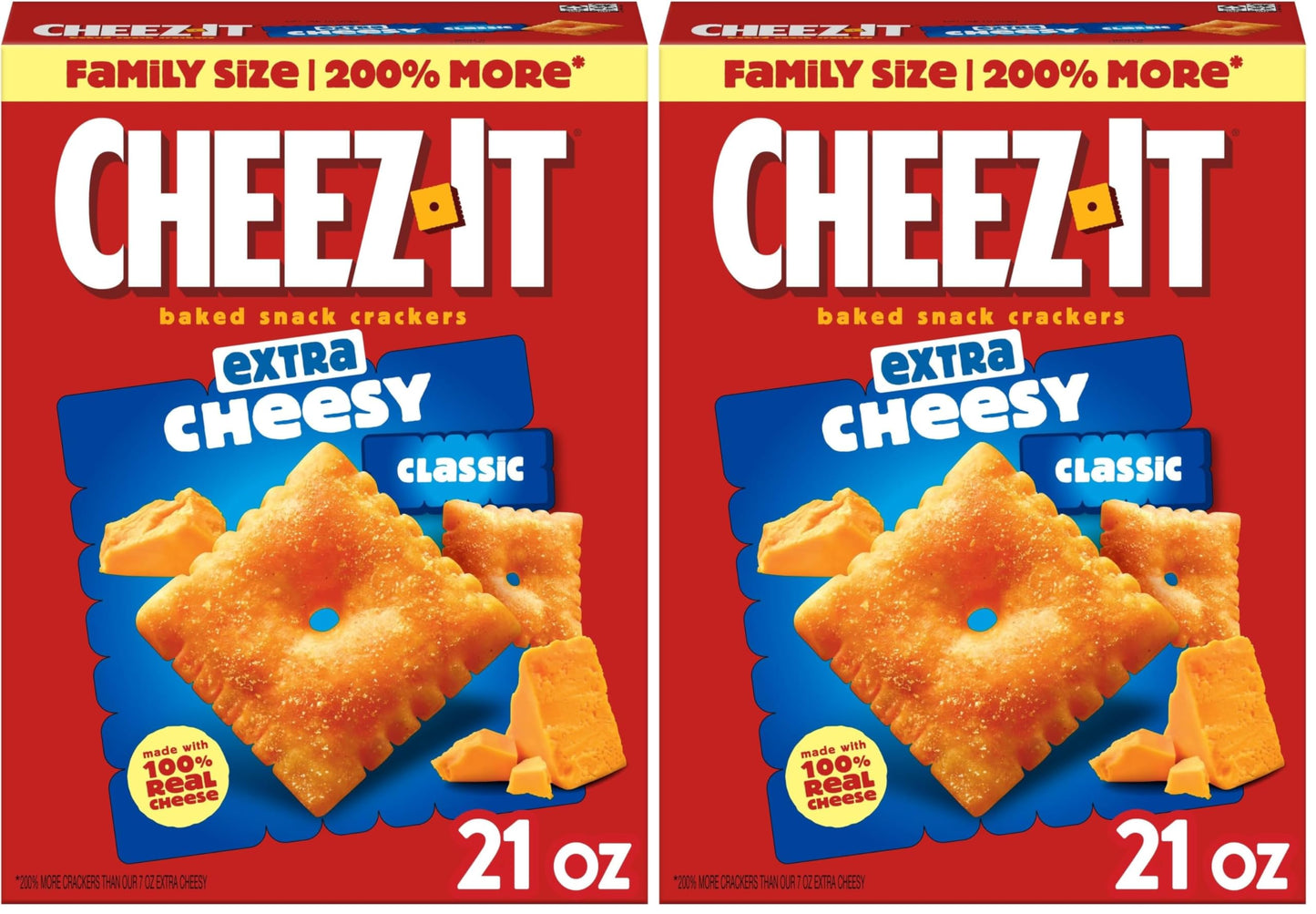 Cheez-It Cheese Crackers, Baked Snack Crackers, Lunch Snacks, Family Size, Extra Cheesy, 21oz Box (1 Box) (Pack of 2)