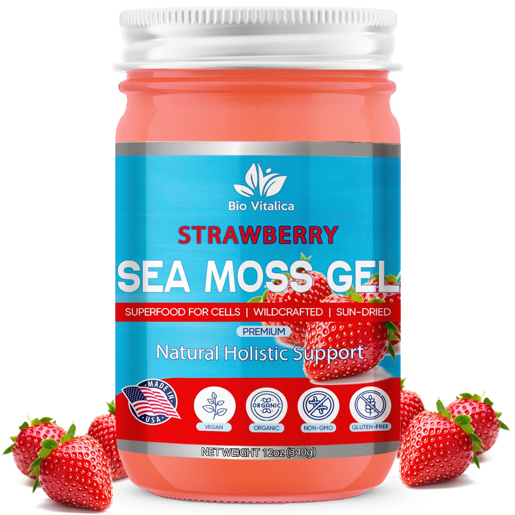 BIO VITALICA Sea Moss Gel - Organic Irish Sea Moss Superfood - 12 Ounce - Strawberry Flavor