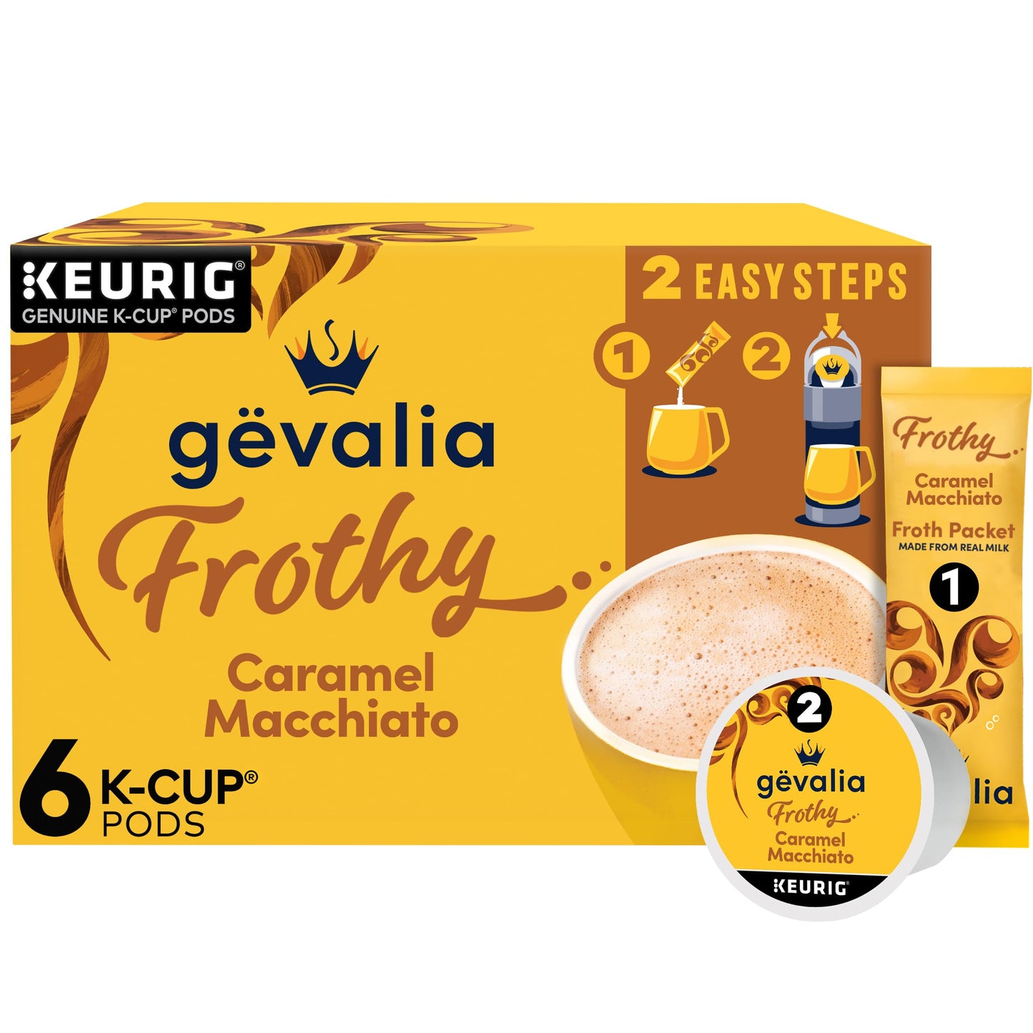 Gevalia K-Cup Coffee Pods & Froth Packets Kit, Caramel Macchiato, 6 Count Box
