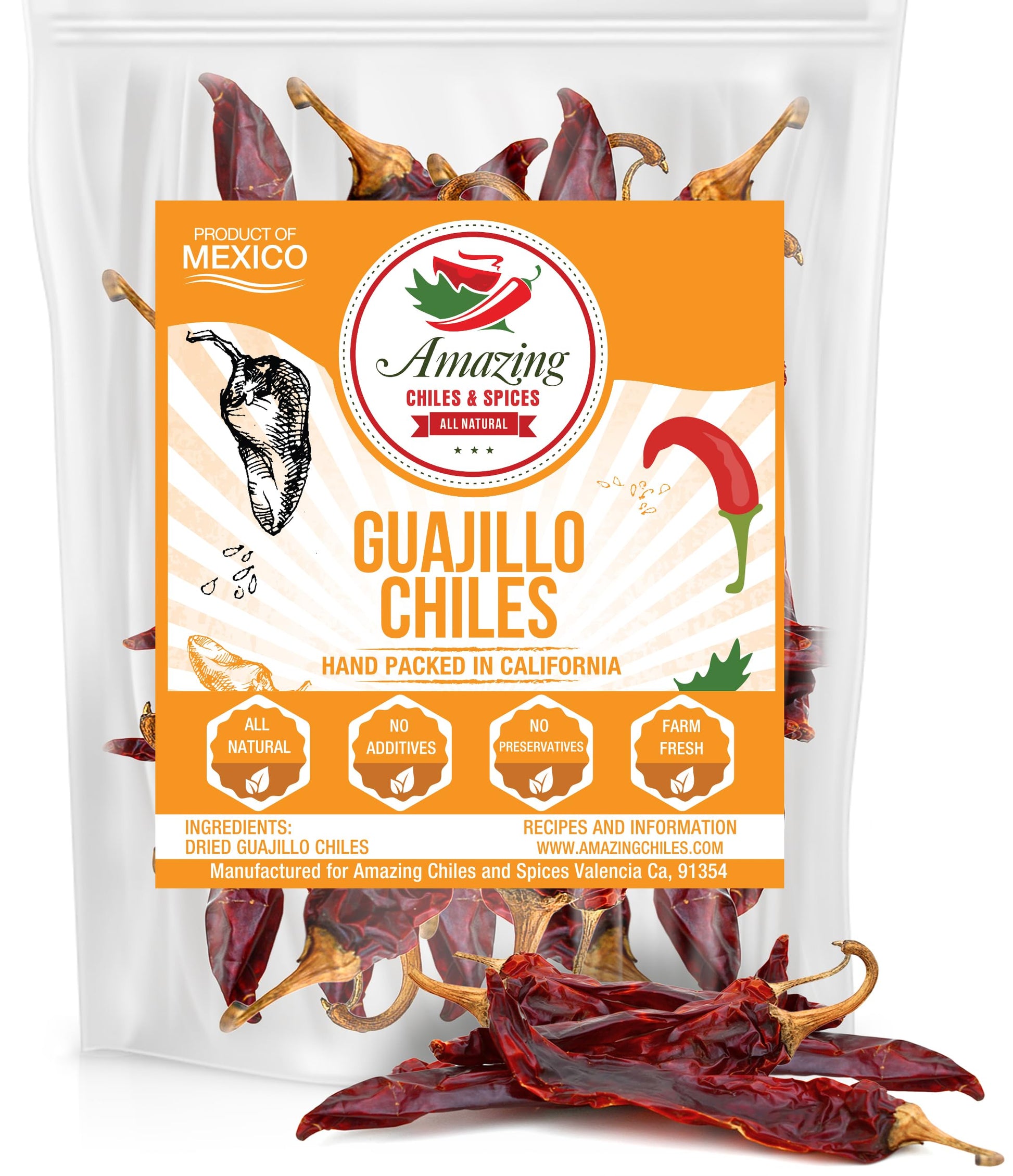 Amazing Chiles & Spices Guajillo Chiles Peppers Dried Whole, Mild to Medium Heat, 5 oz Resealable Bag