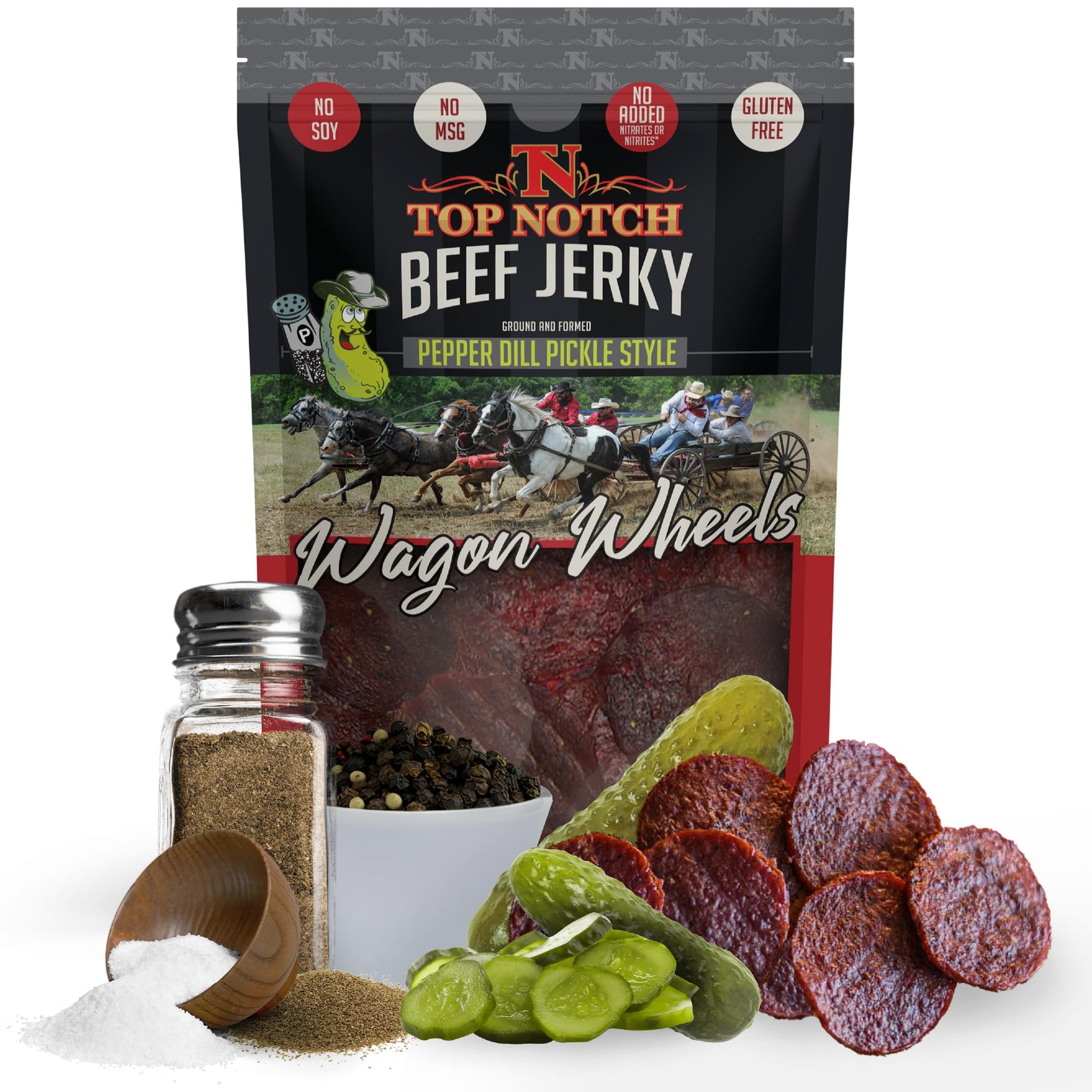 Top Notch Jerky Wagon Wheels Jerky - High Protein Snack, 10 Ounce, Made From Locally Raised Beef, Pepper Dill Pickle Flavor