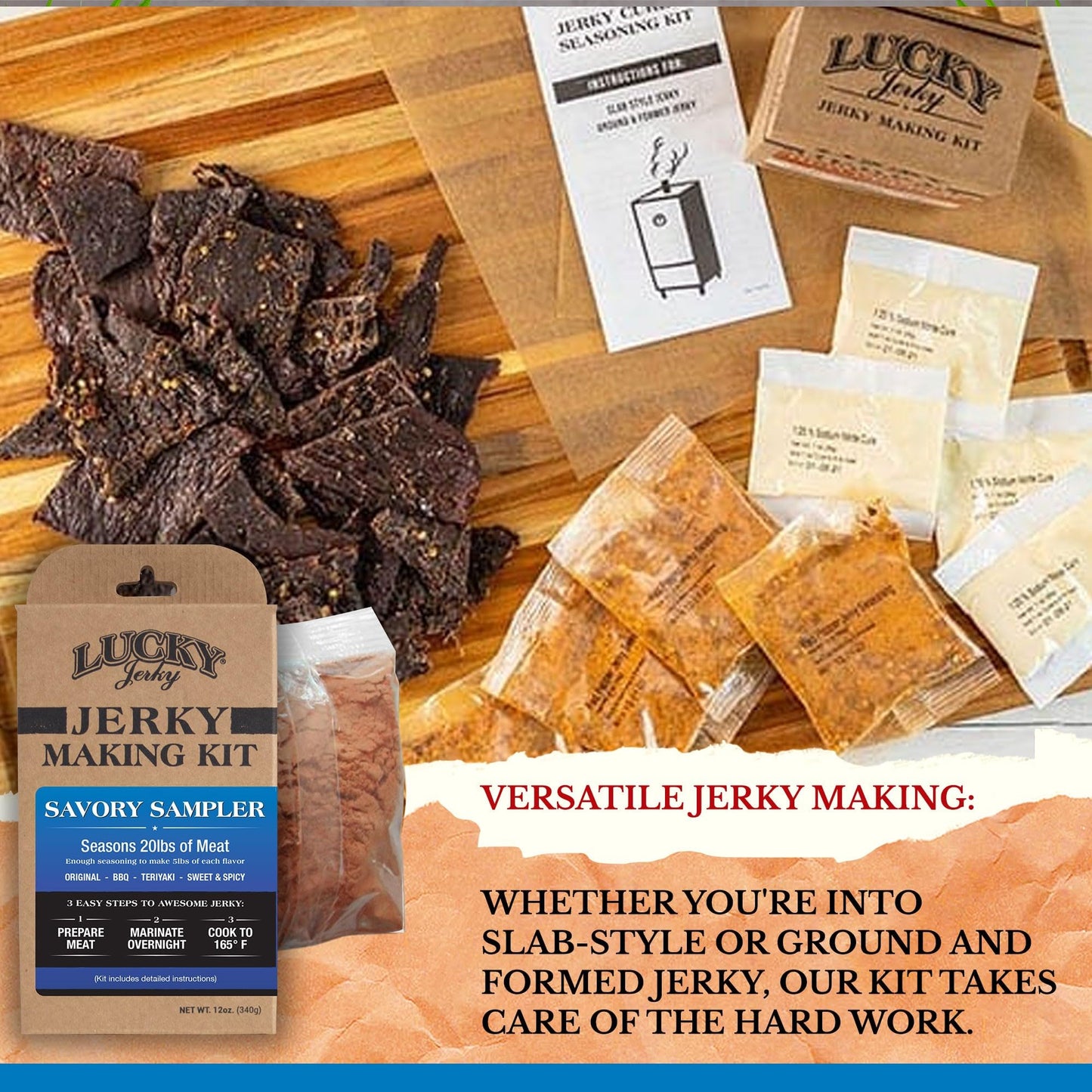 Lucky Jerky Ultimate Savory Diy Seasoning Kit - 12Oz - Original, Bbq, Teriyaki, Sweet & Spicy Flavors - Perfect For Homemade Bee