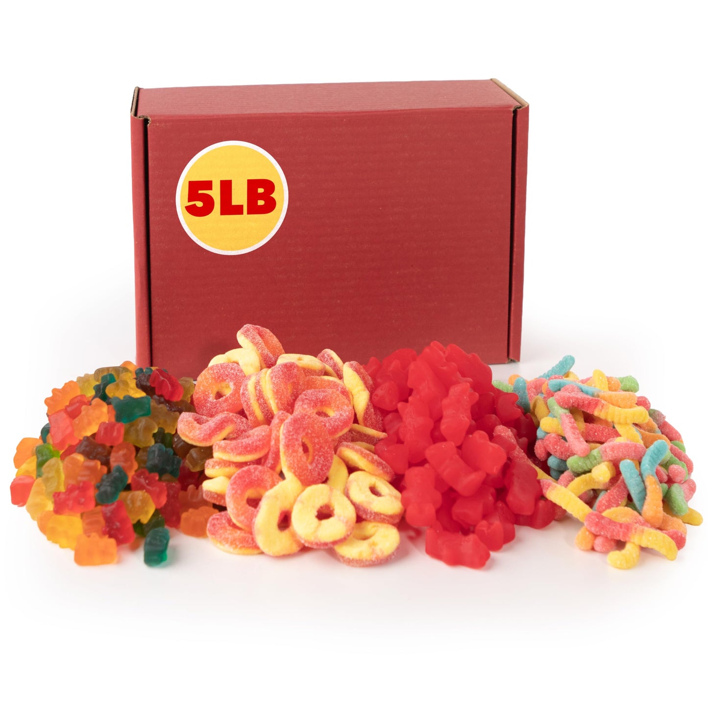 5 lb Bulk Gummy Candy Box - Includes Gummi Bears, Cinnamon Bears, Sour Gummy Worms, and Gummi Peach Rings - Fun Variety Mix for