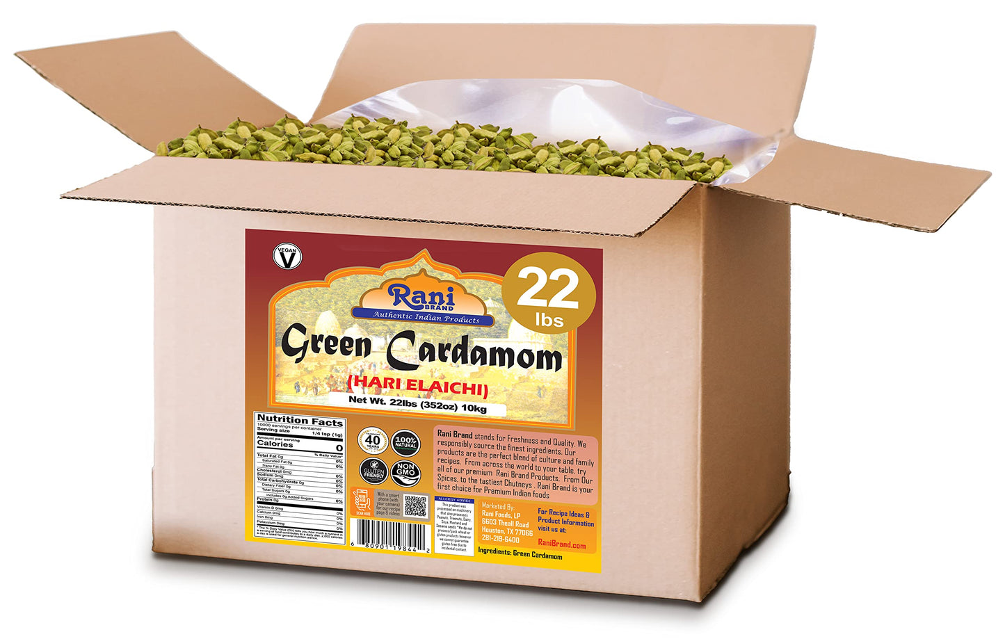 Rani Green Cardamom Pods Spice (Hari Elachi) 352Oz (22Lbs) 10Kg Bulk Box ~ All Natural | Vegan | Gluten Friendly | Non-Gmo | Pro