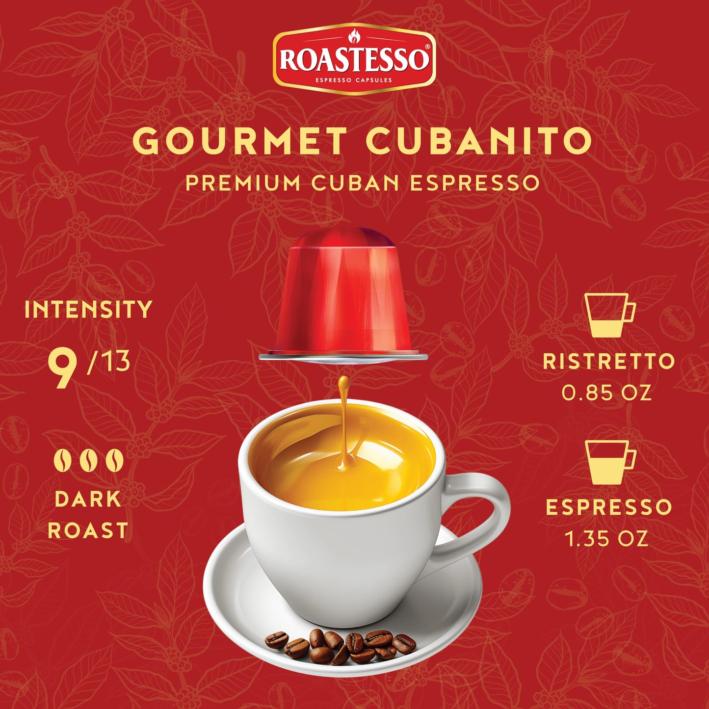 Roastesso Aluminum Espresso compact pieces, Dark Roast Intensity 9, Compatible with Nespresso, 80 Count, Gourmet Cubanito Blend