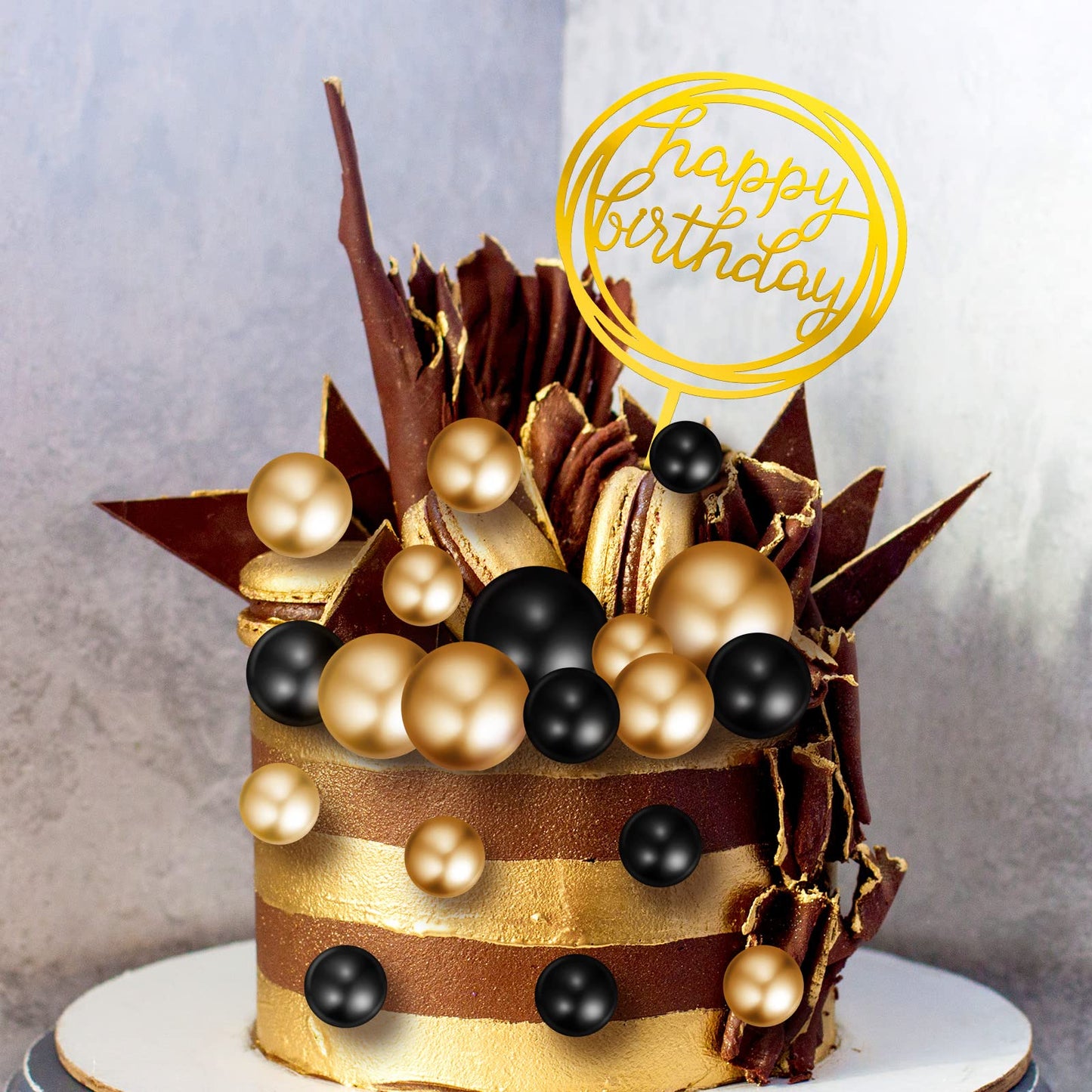 Boao Mini Colorful Balls Cake Topper Set, 25 Pcs Acrylic and Foam, Black and Gold, DIY Cupcake Insert for Weddings and Birthdays