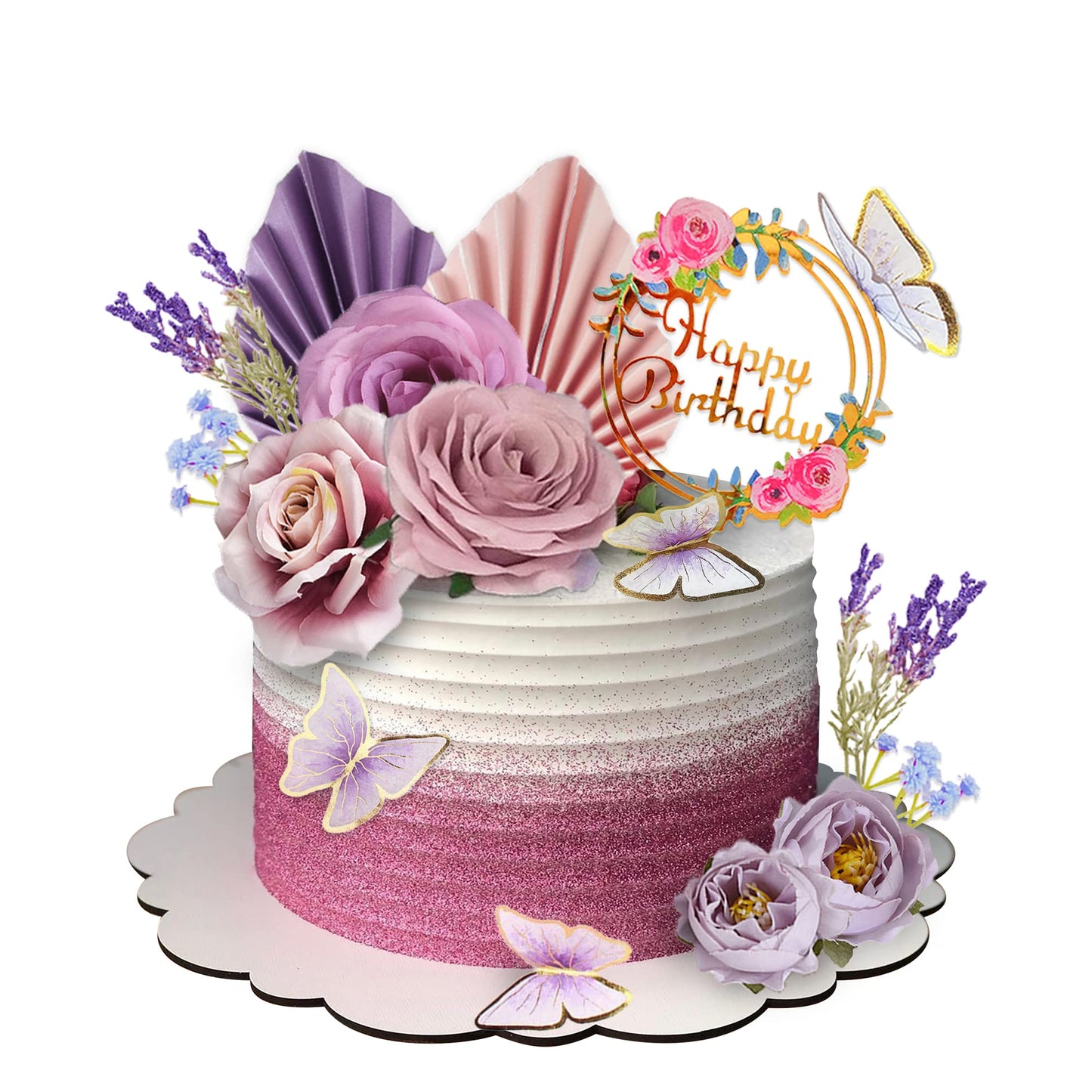 17 Pcs Flower Cake Toppers Butterfly Cake Decorations Happy Birthday Cake Toppers With Artificial Purple And Pink Rose Eucalyptu