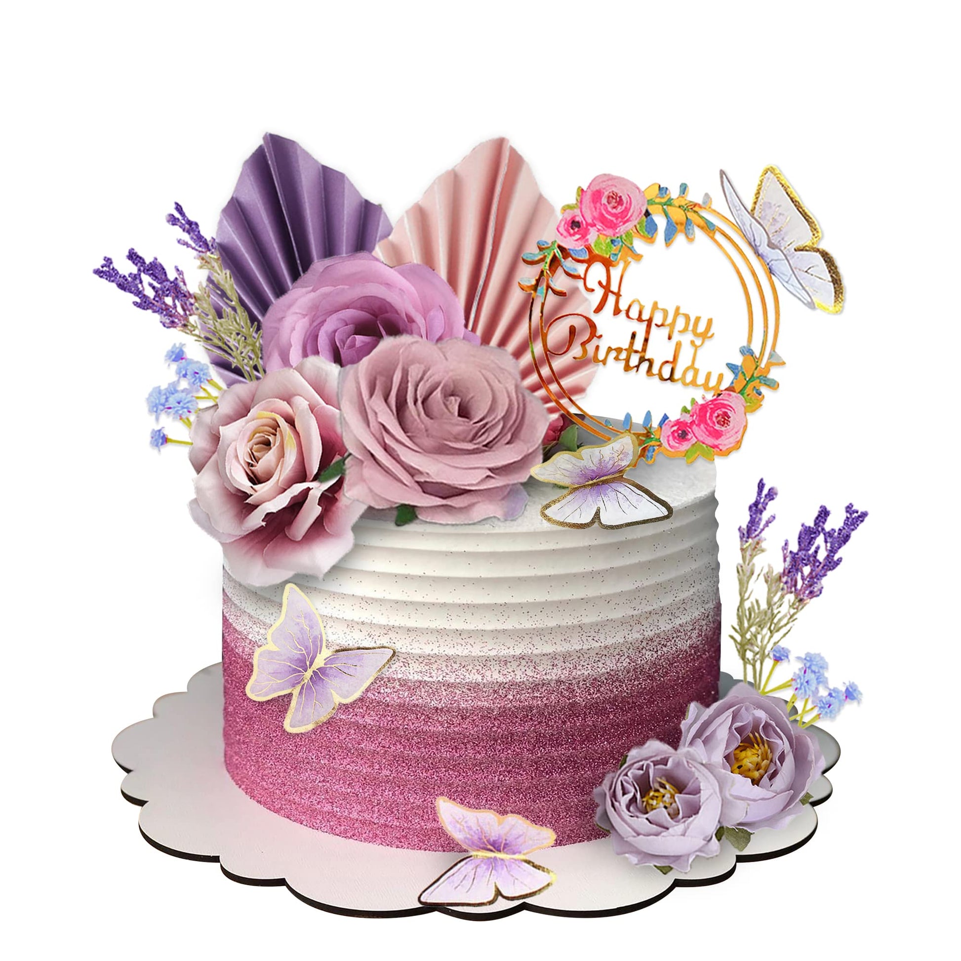 17 Pcs Flower Cake Toppers Butterfly Cake Decorations Happy Birthday Cake Toppers With Artificial Purple And Pink Rose Eucalyptu