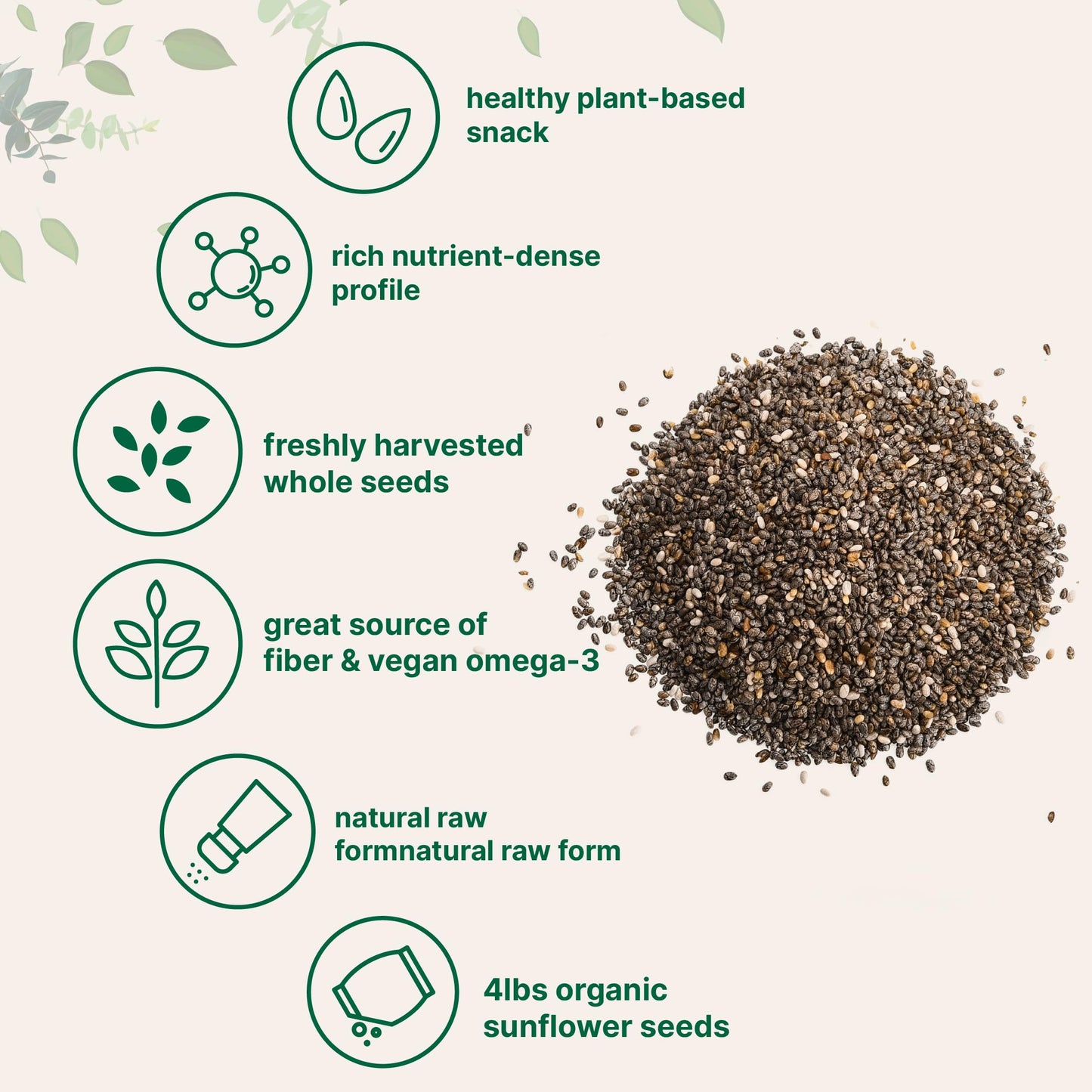 Organic Chia Seeds  4lbs | Raw Chia Seed Source | Rich in Essential Fiber  Vegan Omega-3  & Plant Based Protein | Great for Baking  Smoothies  Pudding  & Oatmeal | Non-GMO  Gluten Free