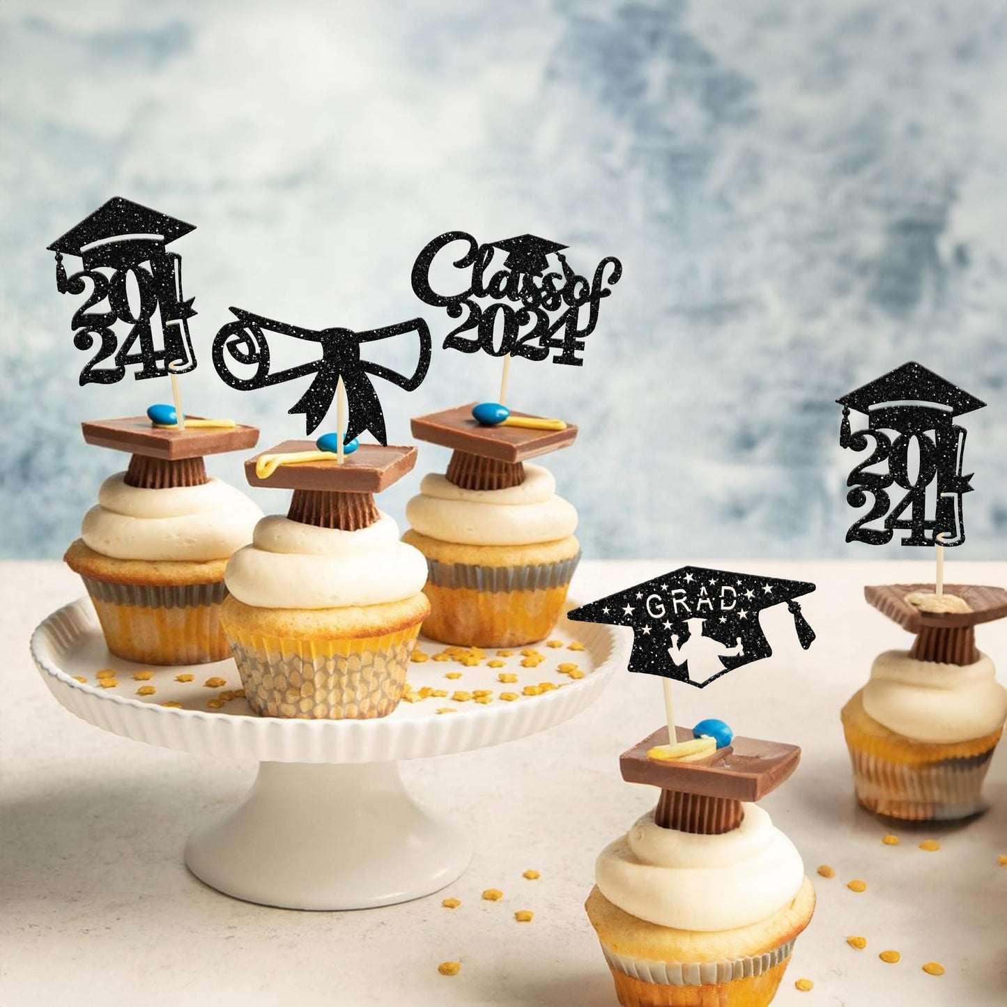 Gyufise 24Pcs Black Glitter 2024 Graduation Theme Cupcake Toppers Glitter Class Of 2024 Diploma Grad Cap Cupcake Picks For 2024
