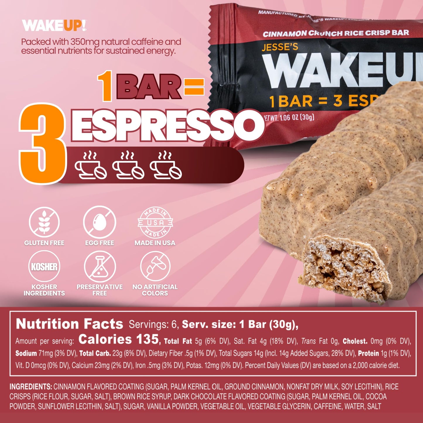 Jesses WakeUP! Cinnamon Crunch Protein Bars - 350mg Caffeine, Gluten-Free, Vegetarian, 6 Pack