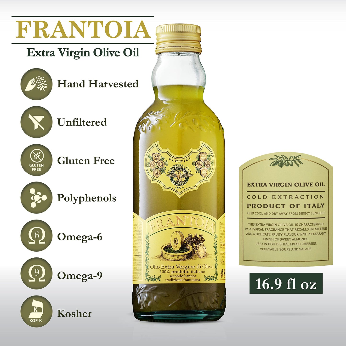 FRANTOIA Extra Virgin Olive Oil - Fruity, Unfiltered, Cold Extracted - 16.9 Fl Oz