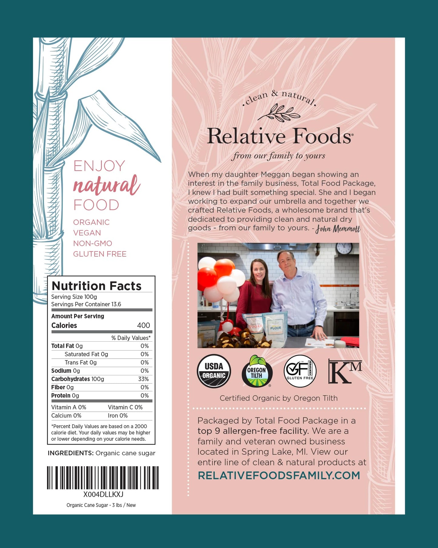 Relative Foods Organic Cane Sugar Crystals - Non-GMO, Vegan, Gluten Free, 48 Ounce