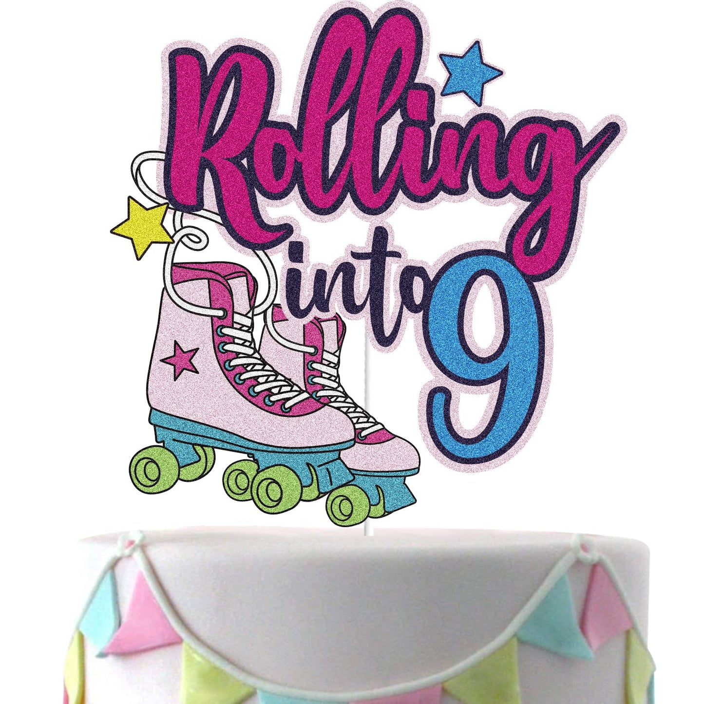Rolling Into 9 Cake Topper Roller Skate Happy 9Th Birthday Cake Topper 9 Nine Years Old Colorful Rolling Retro Girl Club Hip Hop
