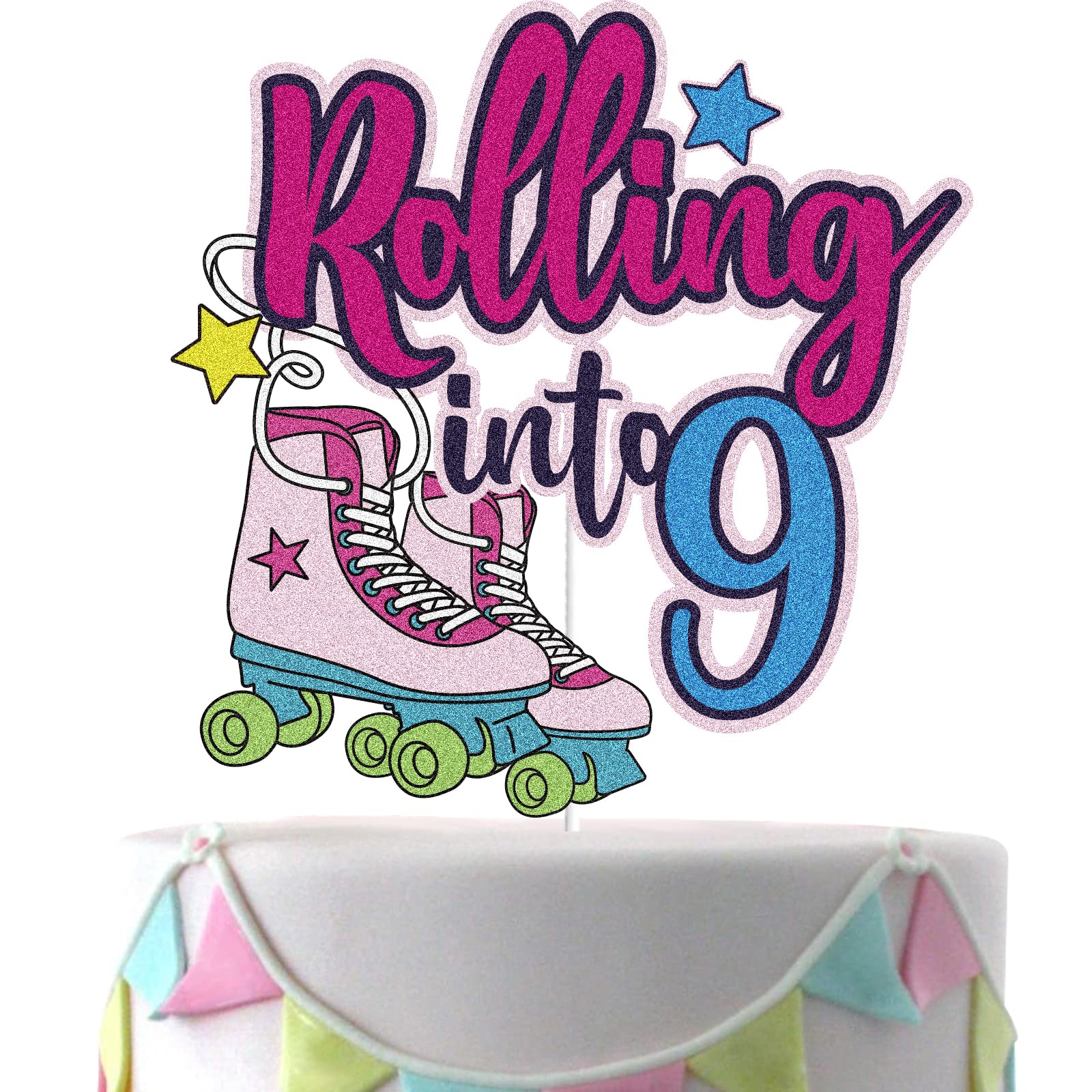 Rolling Into 9 Cake Topper Roller Skate Happy 9Th Birthday Cake Topper 9 Nine Years Old Colorful Rolling Retro Girl Club Hip Hop