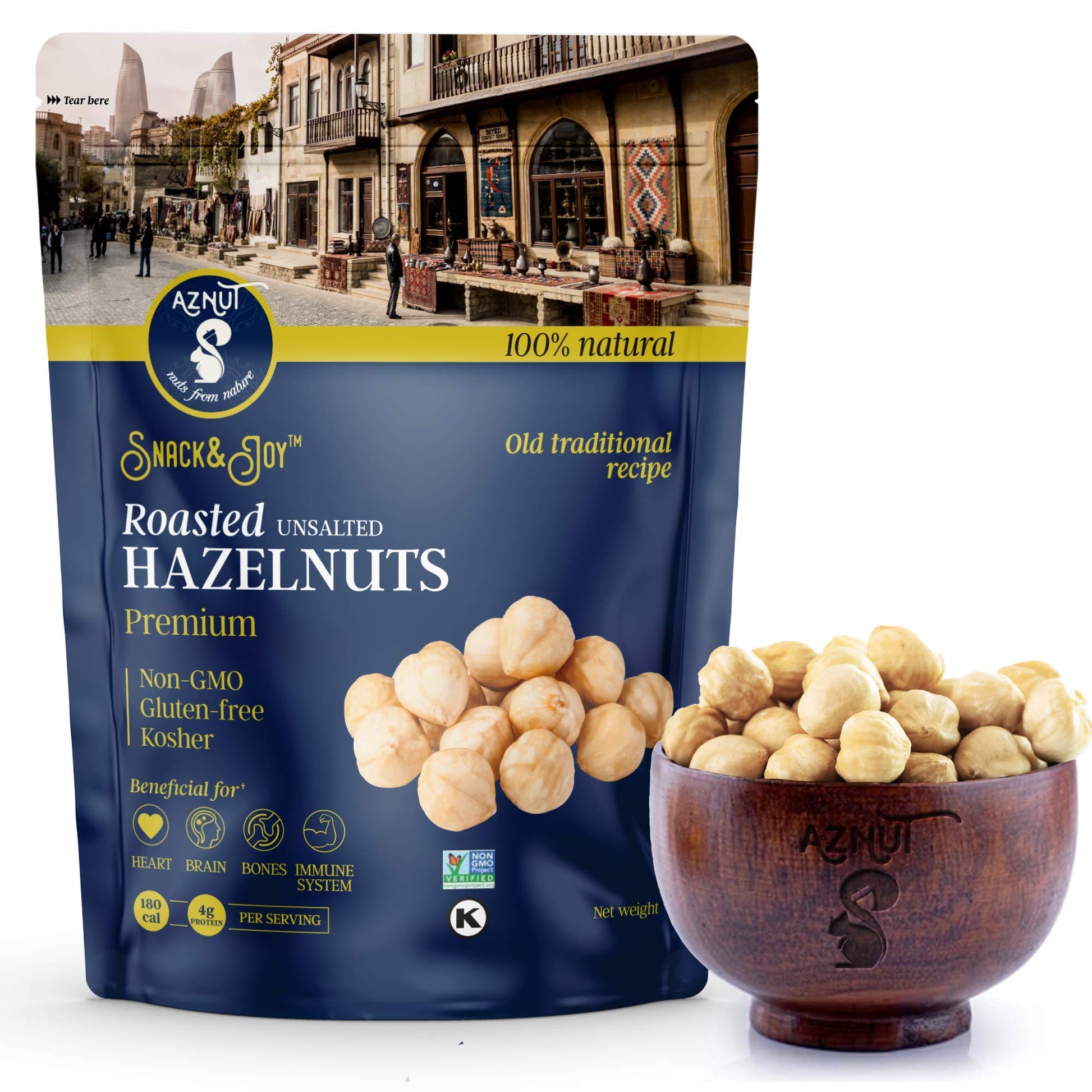 Aznut Roasted Unsalted Hazelnuts 3 Lb, Premium Quality 100% Natural Non-Gmo Project Certified, Kosher Certified, No Salt, No Oil, Gluten Free, Keto Diet Snacks, Resealable Bag 3 Lb