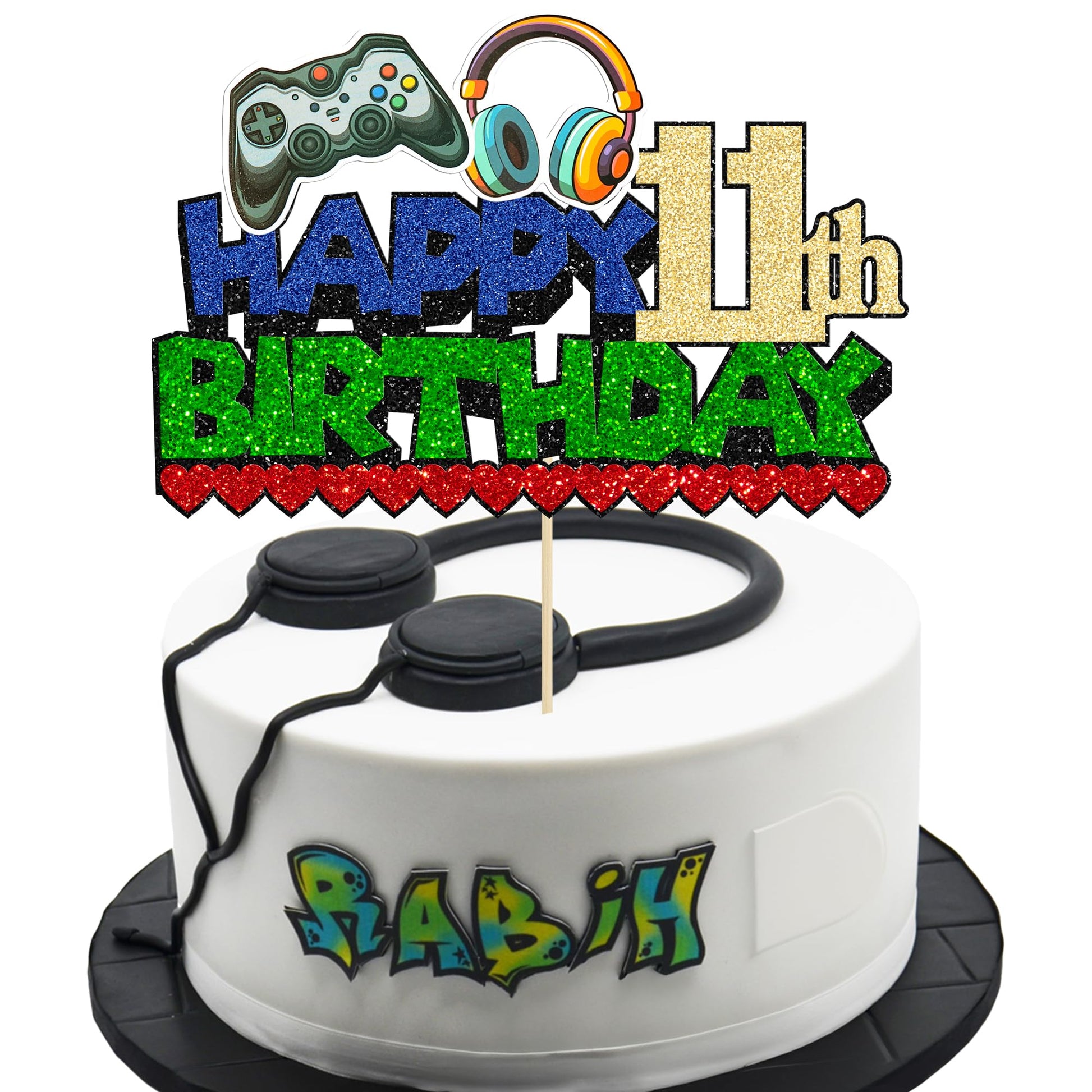 Ephlyn 1Pcs Video Game Happy 11Th Birthday Cake Topper Glitter Video Game Cake Pick Game On Controllers Ten Cheers To 11 Years C