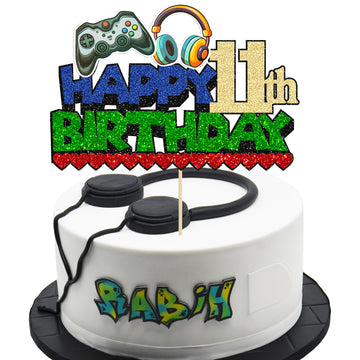 Ephlyn 1Pcs Video Game Happy 11Th Birthday Cake Topper Glitter Video Game Cake Pick Game On Controllers Ten Cheers To 11 Years C
