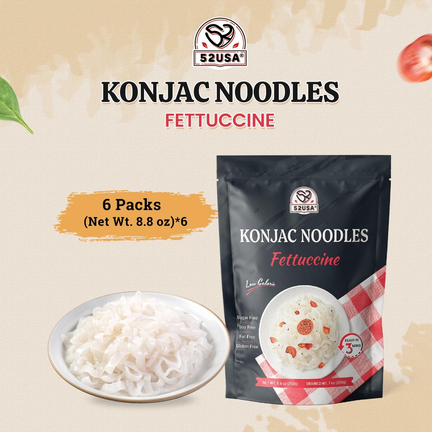 52USA Konjac Shirataki Noodle, Fettuccine, Low Carb Pasta 52.8 Oz (1500 g), Keto and Paleo Friendly, Sugar Free, Vegan, Gluten F