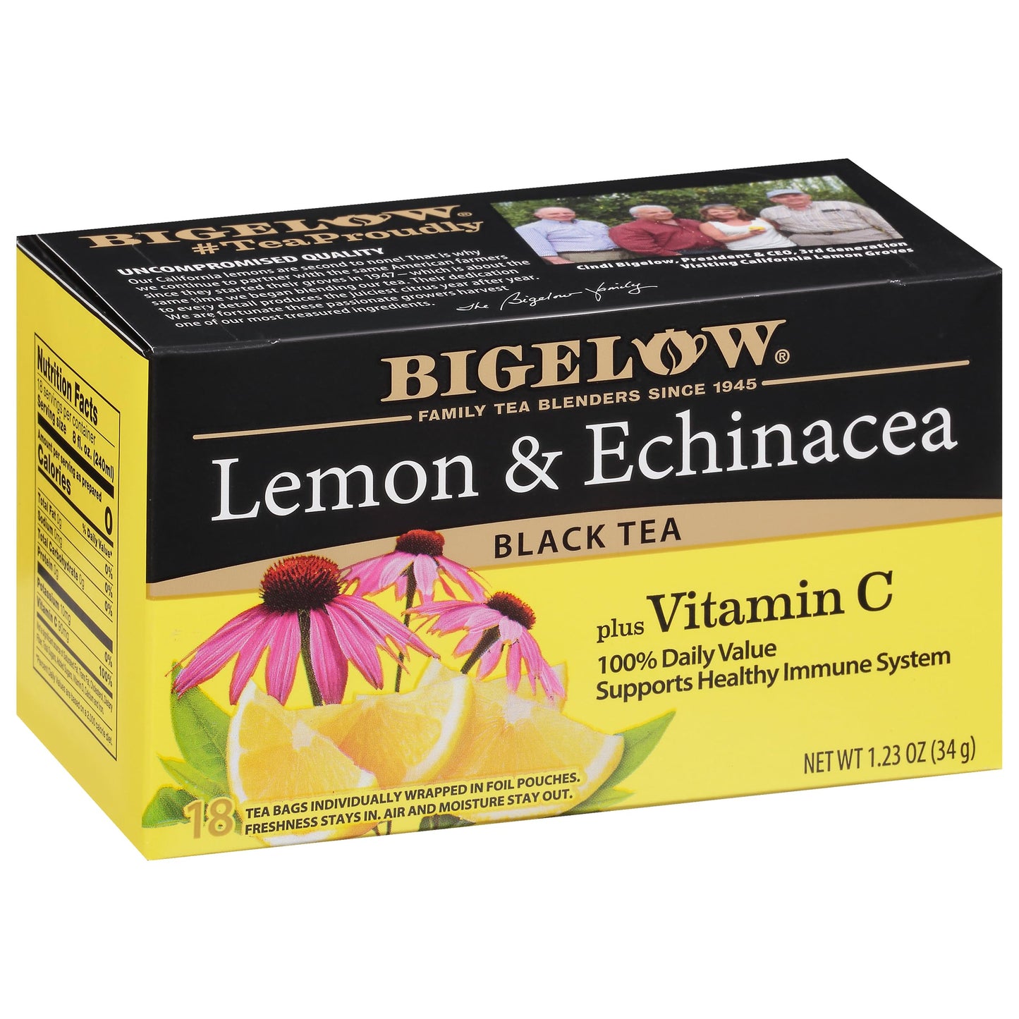 Bigelow Tea Lemon & Echinacea Plus Vitamin C Black Tea, Caffeinated Tea with Lemon and Echinacea, 18 Count Box (Pack of 6), 108 