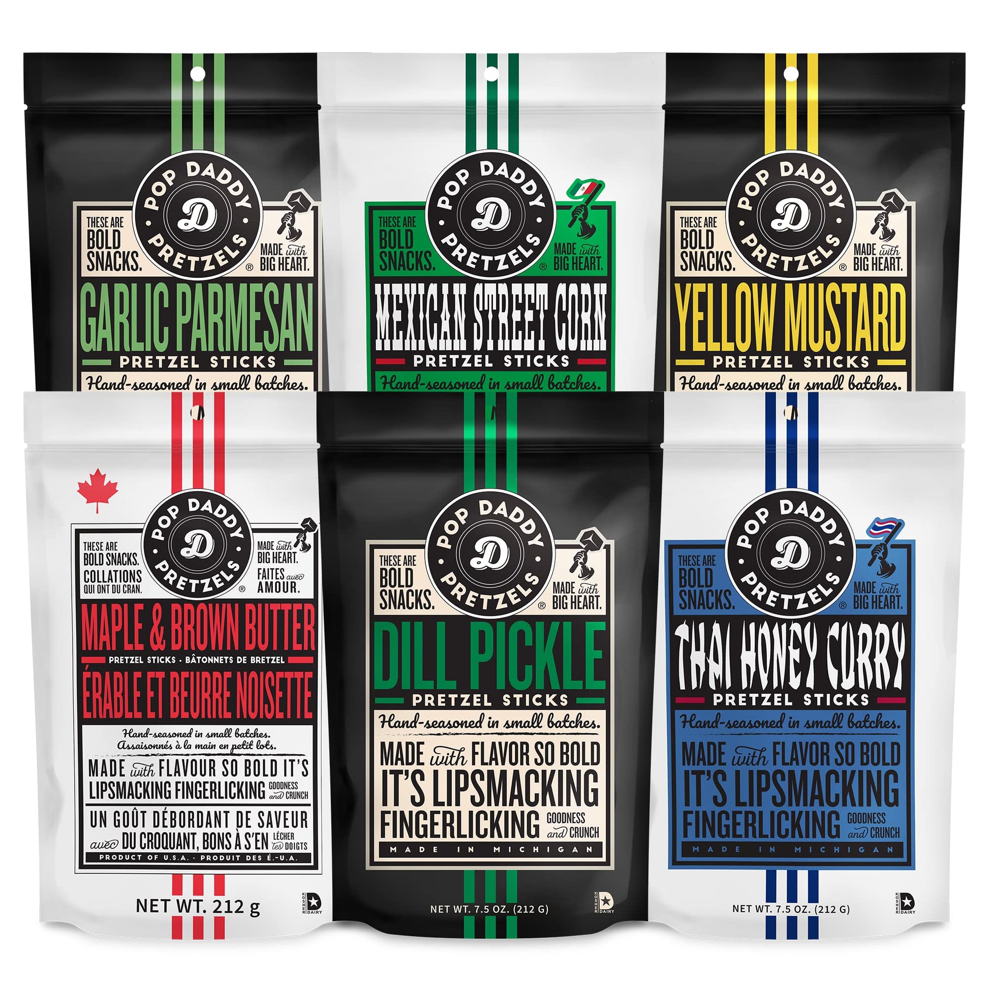 Pop Daddy Flavored Pretzel Sticks, Healthy Gourmet Pretzels, 7.5oz Individual Bags, 6 Pack, Thai Honey Curry, Maple & Brown Butt