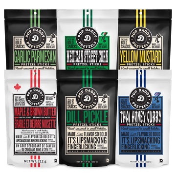 Pop Daddy Flavored Pretzel Sticks, Healthy Gourmet Pretzels, 7.5oz Individual Bags, 6 Pack, Thai Honey Curry, Maple & Brown Butt