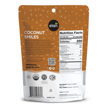 Elan Organic Coconut Smiles, Dried Coconut, Lightly Roasted, Unsweetened Coconut Chips, No Sugar Added, Non-Gmo, Vegan, Gluten-Free, Kosher, 8 Pack Of 4.4 Oz