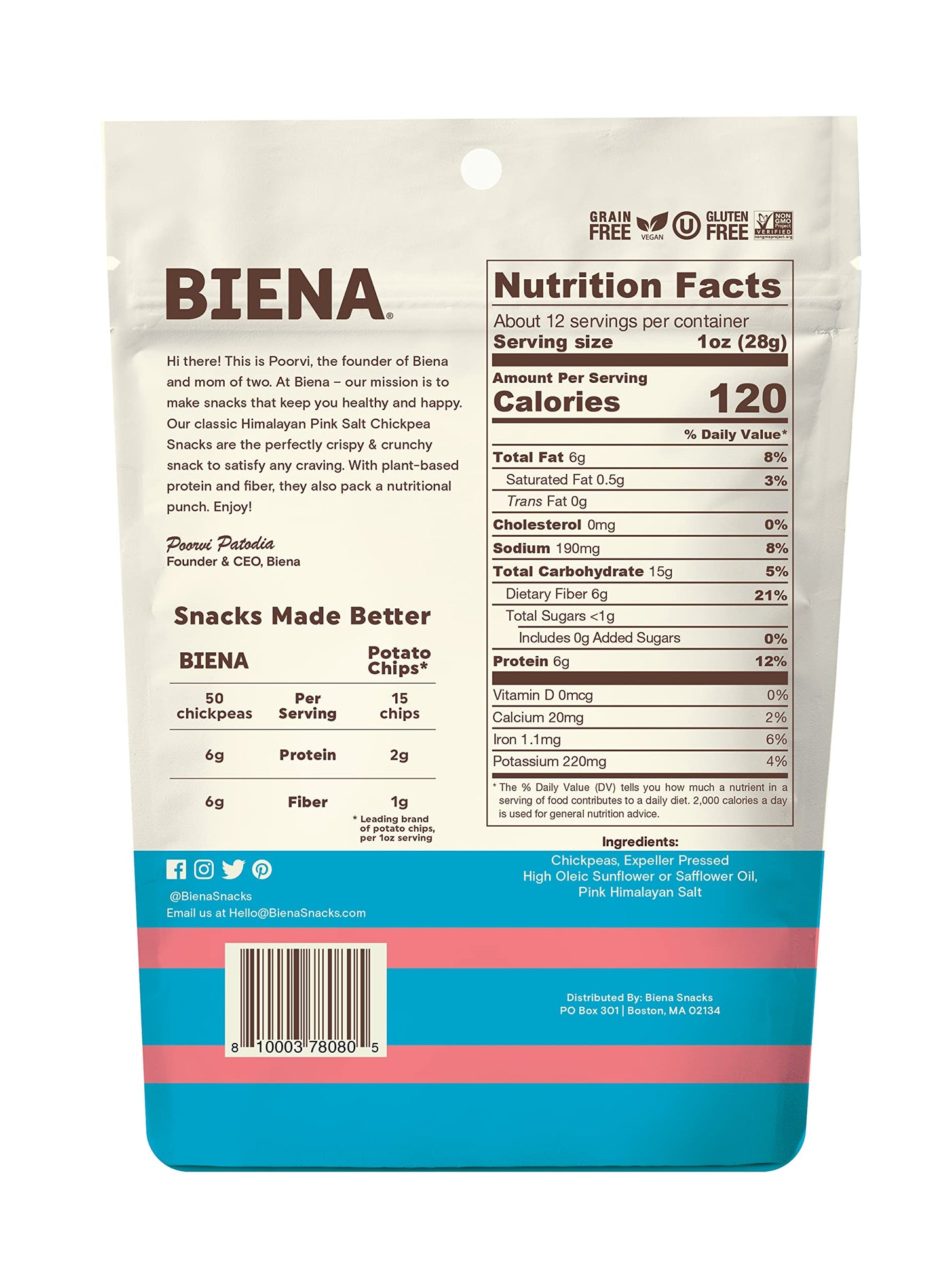 BIENA Roasted Chickpea Snacks - Himalayan Salt, 1 Value Pack - Crispy Salted Chickpeas Loaded with Protein & Fiber - Delicious,