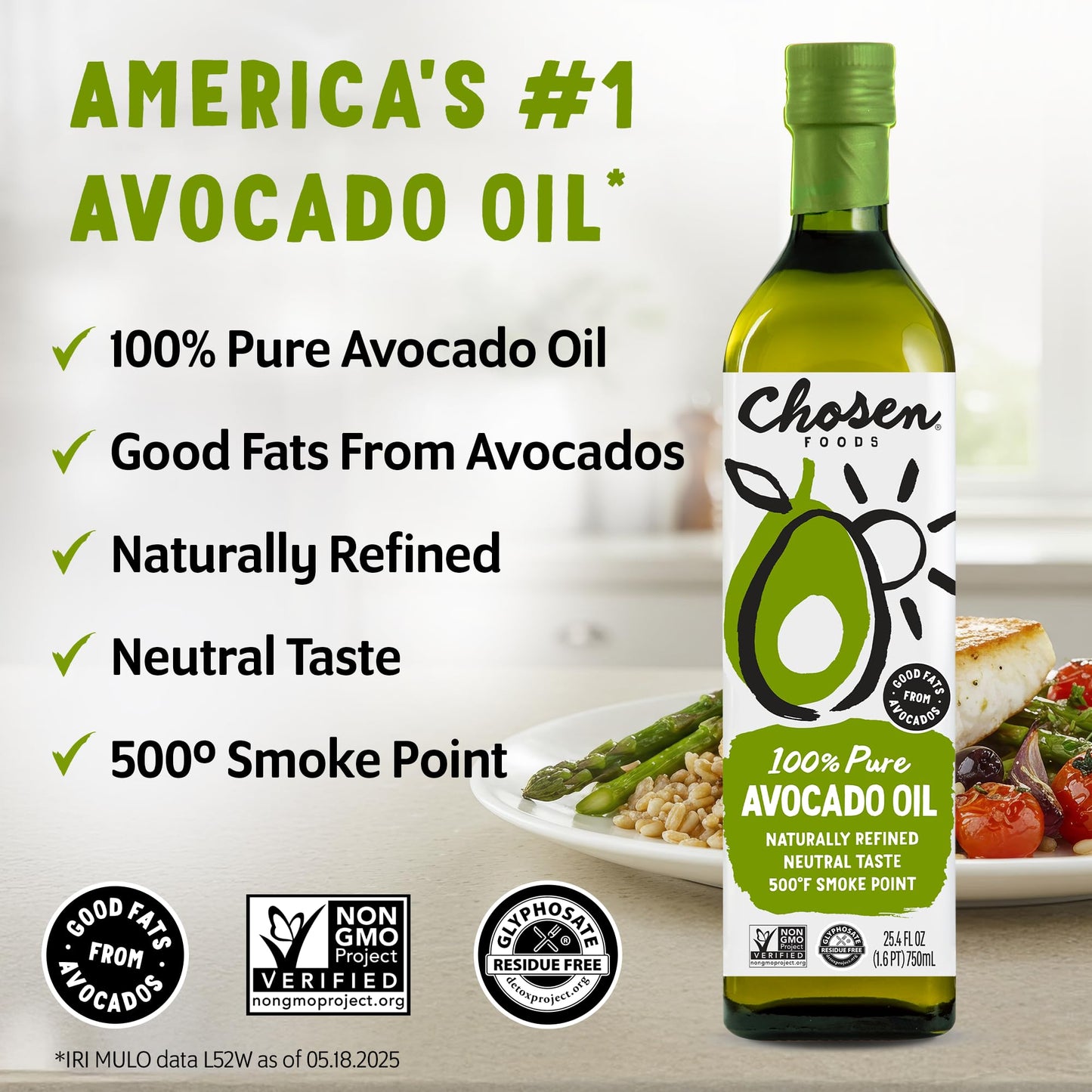 Chosen Foods 100% Pure Avocado Oil, Keto Friendly, High-Heat Cooking, 33.8 Fl Oz, Clear