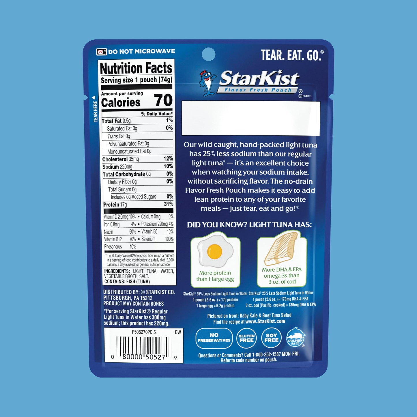 StarKist Reduced Sodium Chunk Light Tuna in Water, 2.6 oz Pouch (24 Pack) Ready to Eat Wild Caught Tuna, 17g Protein, Gluten Fre