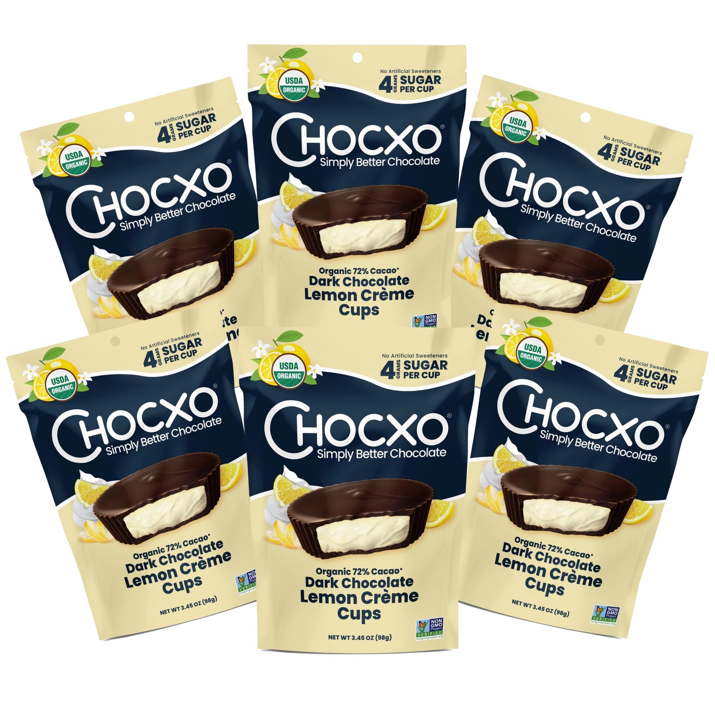 ChocXO Dark Chocolate Lemon Crème Cups - Lower Sugar, Organic, Keto, Gluten Free, 3.45 oz (Pack of 6)