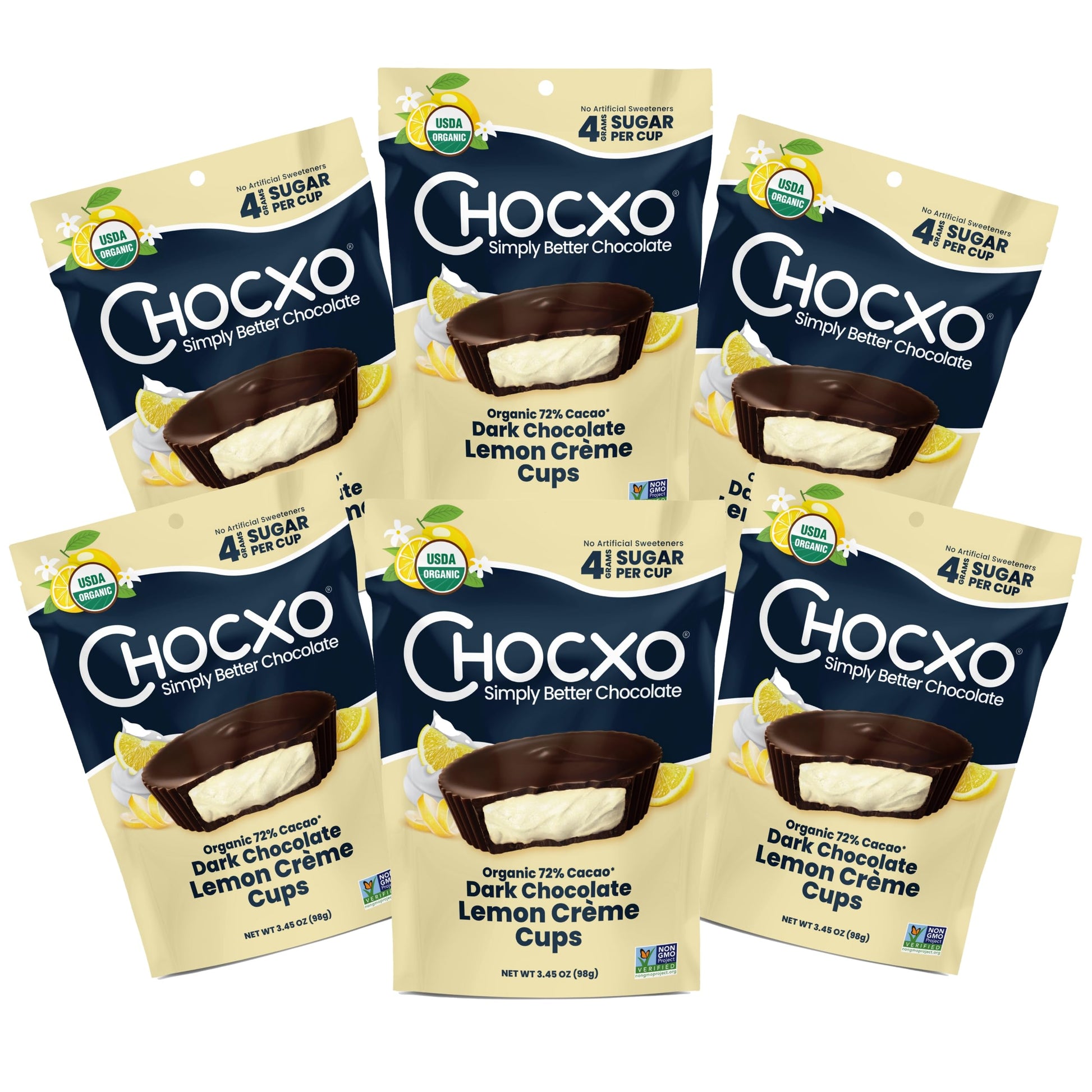 ChocXO Dark Chocolate Lemon Crème Cups - Lower Sugar, Organic, Keto, Gluten Free, 3.45 oz (Pack of 6)
