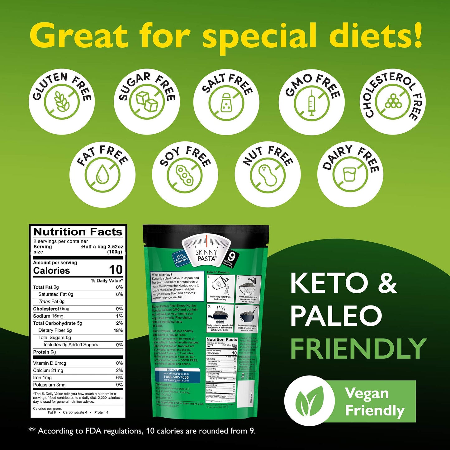 Skinny Pasta Healthy Konjac Shirataki Rice, Low Carb, Keto, Vegan, Sugar-Free, Gluten-Free, 6 Pack