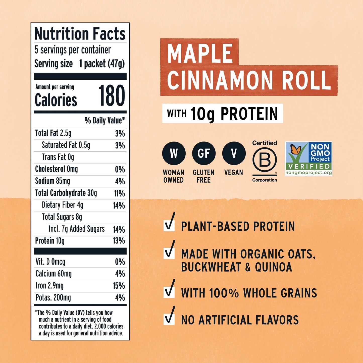 Purely Elizabeth Creamy & Hearty Protein Instant Oatmeal, Maple Cinnamon Roll, Vegan Friendly, Organic, Gluten Free & Non-GMO, 5