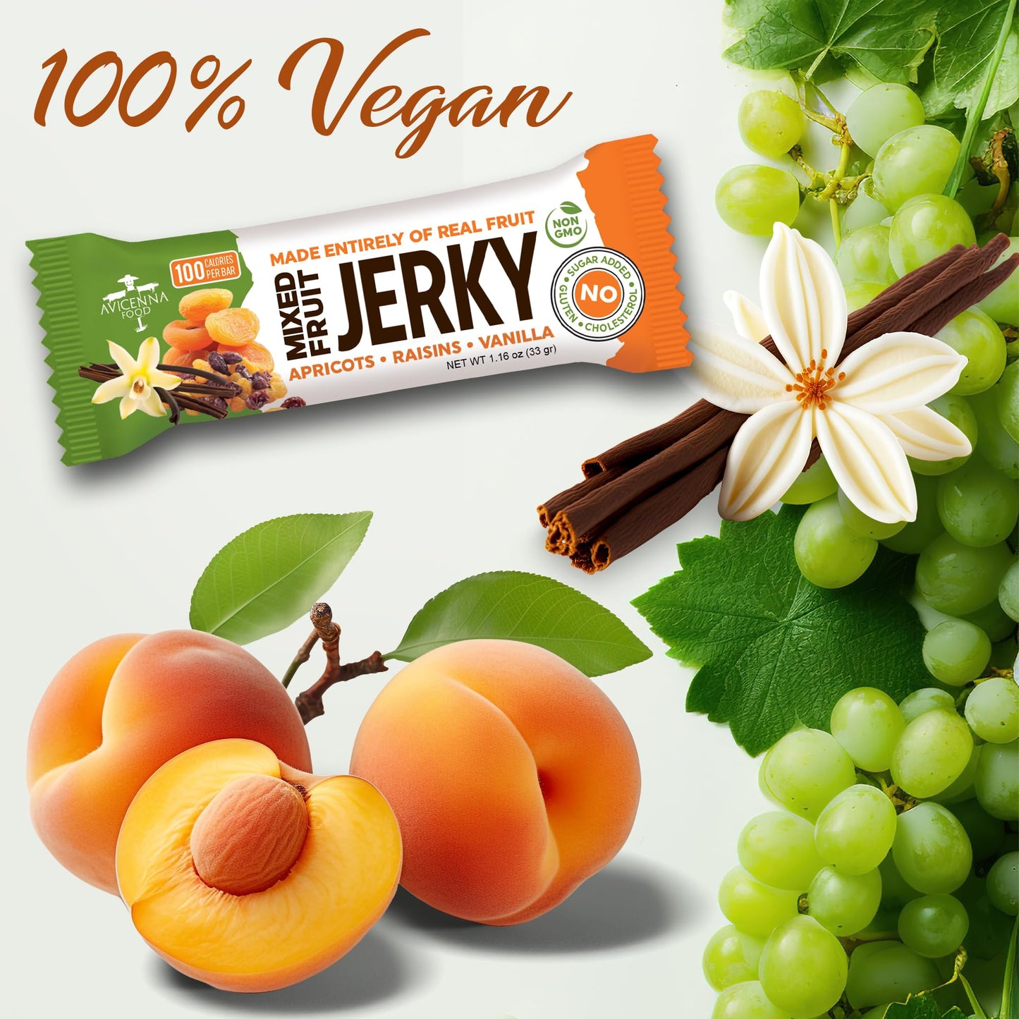 AVICENNA FOOD Natural Fruit Bar, Apricot Raisin Vanilla, No Added Sugar, Gluten Free, High Fiber, 12 Pack