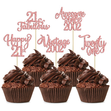 30Pcs Vintage 2002 Cupcake Toppers Glitter Twenty-one 21 Fabulous Happy 21st Birthday Cupcake Picks Cheers to 21 Years for 21st