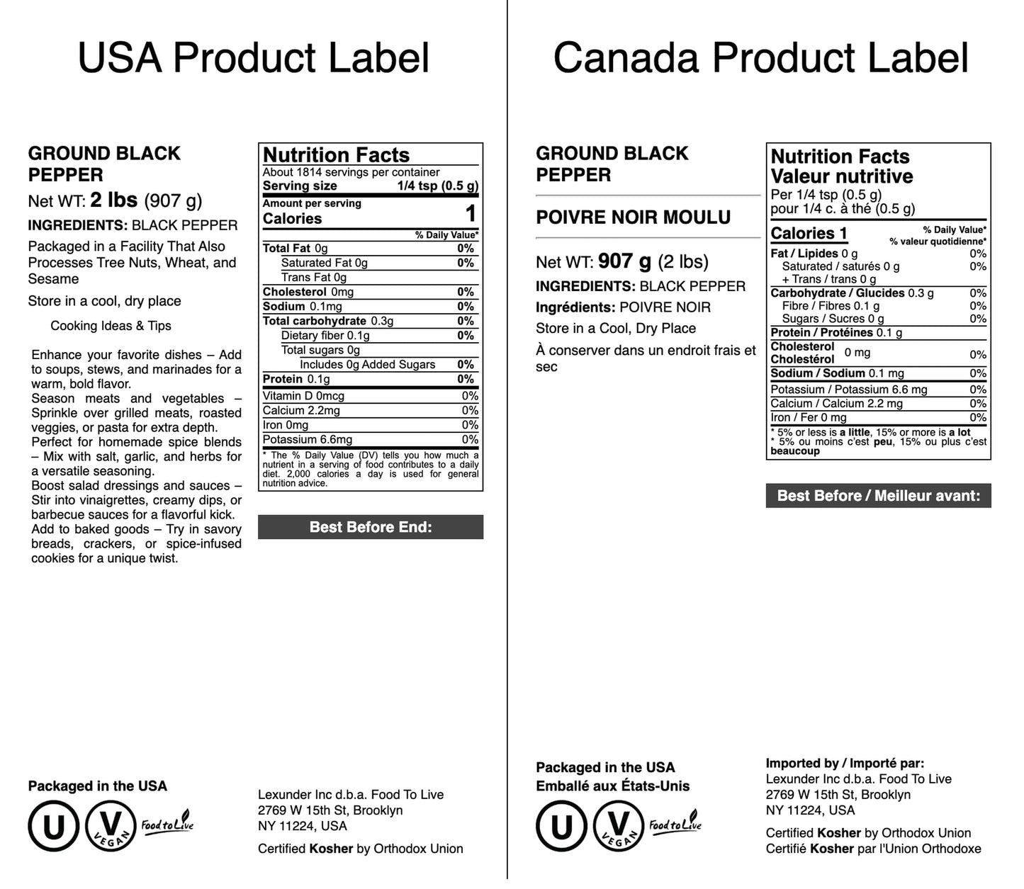 Food To Live Ground Black Pepper 2 Pounds - 100% Pure, The Essential Spice For Flavorful Cooking, Grilling & Baking, Vegan, Kosh