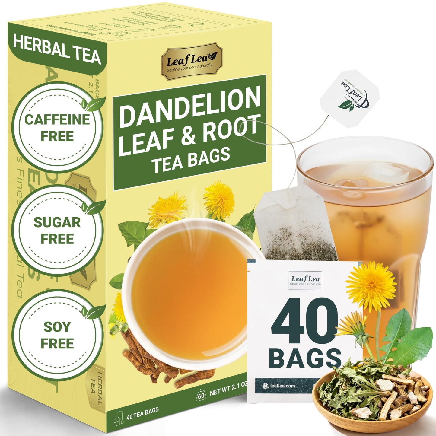 Leaflea Dandelion Root And Leaf Tea Bags  40 Count  Roasted Dandelion Root Tea Blend  Natural Herbal Tea For Digestion & Wellness  Te De Diente De Leon  Individually Wrapped  Energy Blend-Free  No Sugar