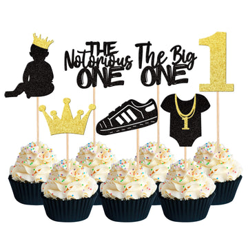 28 Pcs The Notorious One Cupcake Toppers Black Glitter Hip Hop 1St Birthday Cupcake Picks The Big One Number 1 Cake Decorations