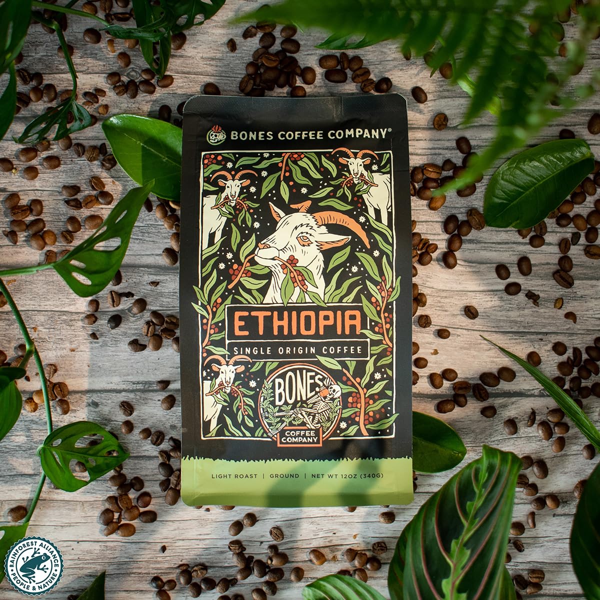 Bones Coffee Company Ethiopia Single-Origin Ground Coffee Beans, Low Acid Coffee, Made With Arabica Coffee Beans, Coffee Lover Gift Ideas, Ground Coffee Light Roast (12 Oz)