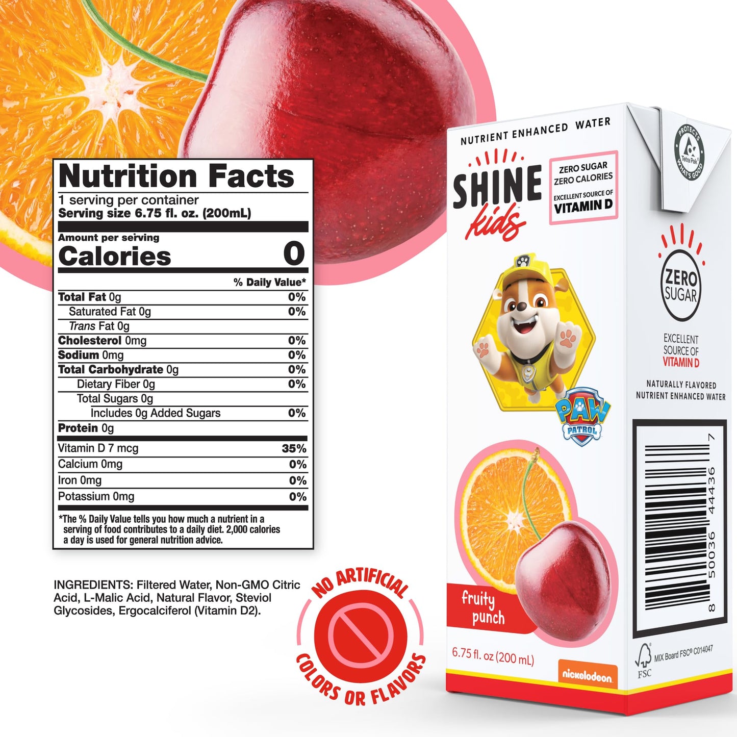 ShineWater Kids x Paw Patrol Vitamin D Fruity Punch Juice Boxes | No Added Sugar | Naturally Flavored Drink for Kids | Vegan Glu