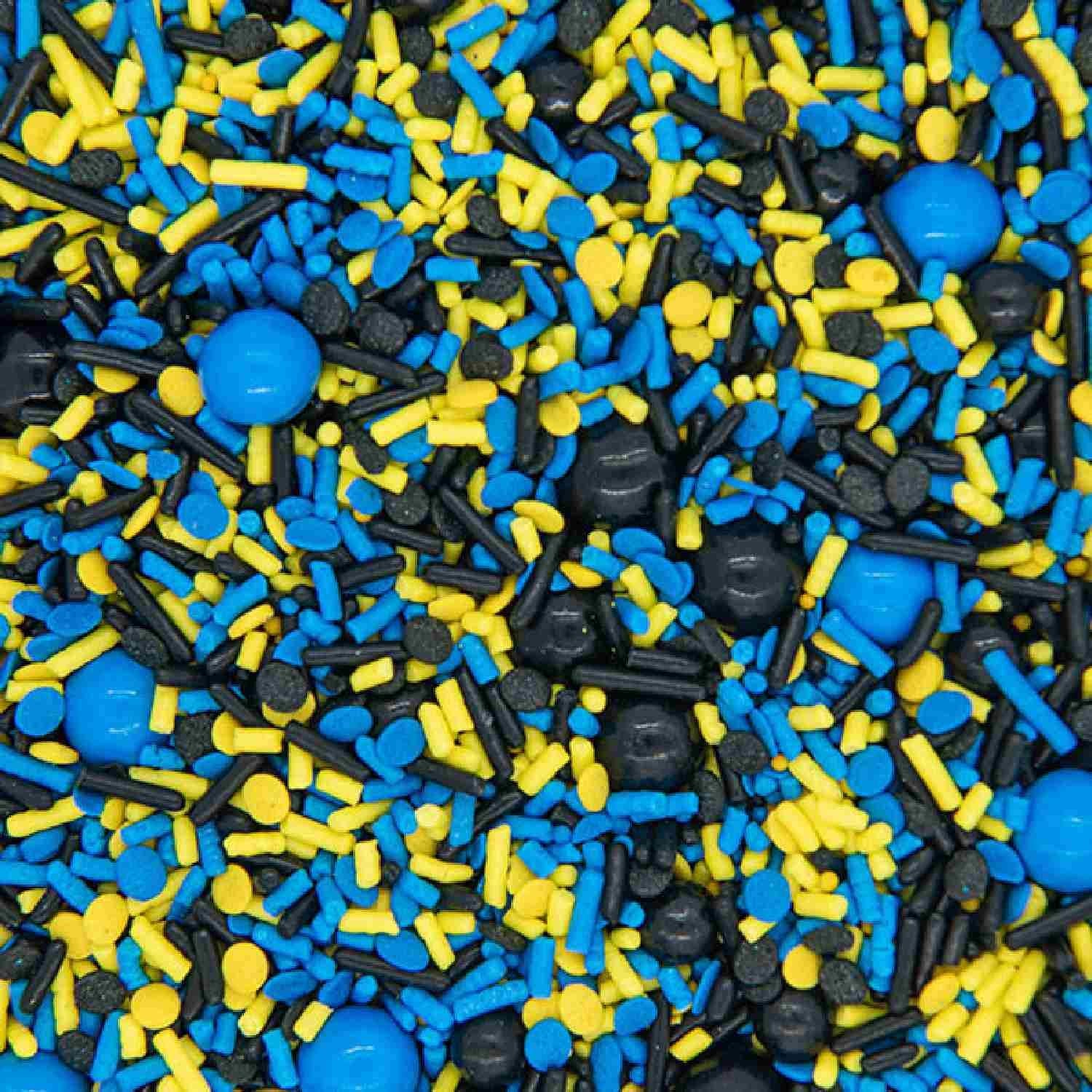 Sweets & Treats Boutique Batman Cake Decorations - Blue & Yellow Sprinkles with Black Sugar Pearls