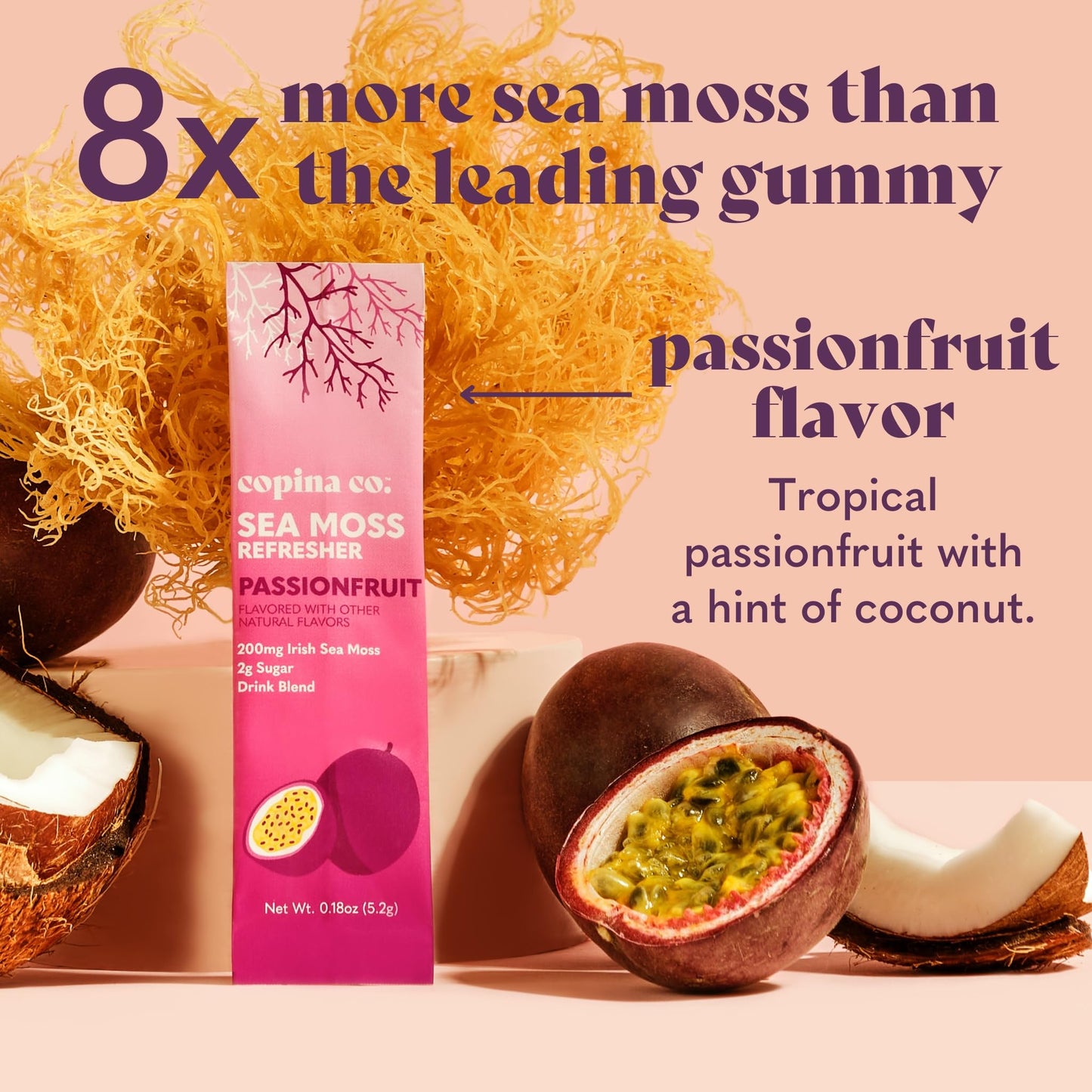Copina Co. Organic Irish Sea Moss Powder - Passion Fruit Flavor, 8 Stick Packs, 200mg Each for Gut Health and Hydration