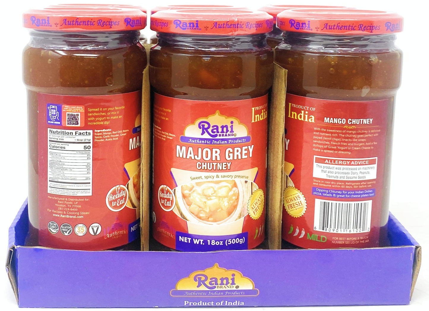 Rani Major Grey Mango Chutney (Indian Preserve) 18Oz (1.1Lbs) 500G Glass Jar, Ready To Eat, Vegan, Pack Of 5+1 Free ~ Gluten Fre