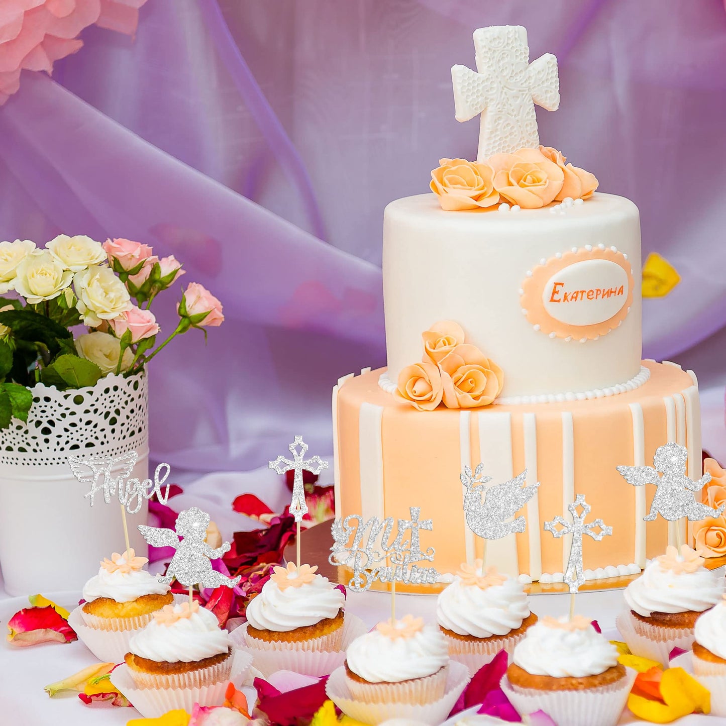 Gyufise 30Pcs Mi Bautizo Cupcake Toppers Silver Glitter Cross Angel Dove Cupcake Toppers Angel Religious God Bless Cupcake Picks