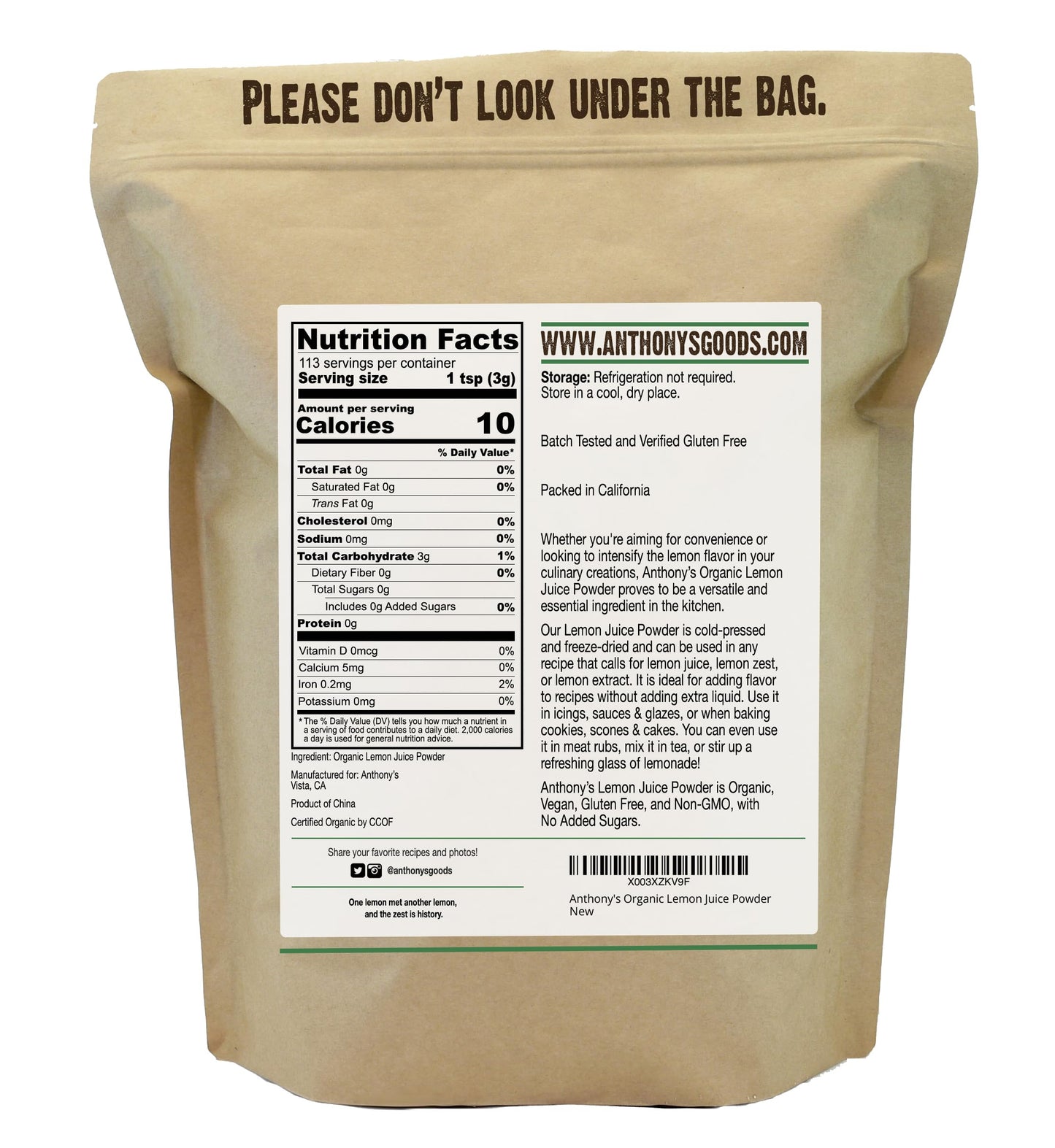 Anthony's Organic Lemon Juice Powder, 12 oz - Freeze Dried, Cold Pressed, No Sugar Added, Gluten Free, Non-GMO
