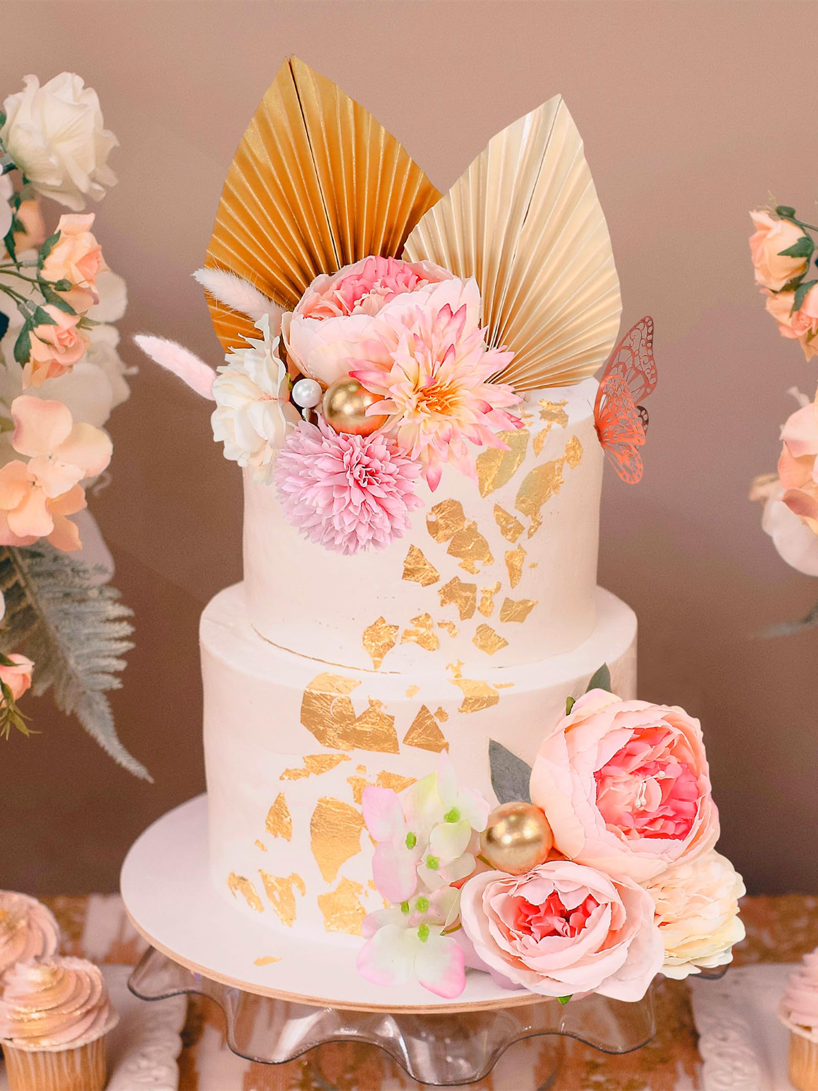 22 Pcs Cake Topper Flower Decorations Pink Palm Leaves Butterfly Floral Bohemian Bridal Party Baptism Baby Shower Summer Lady Ca