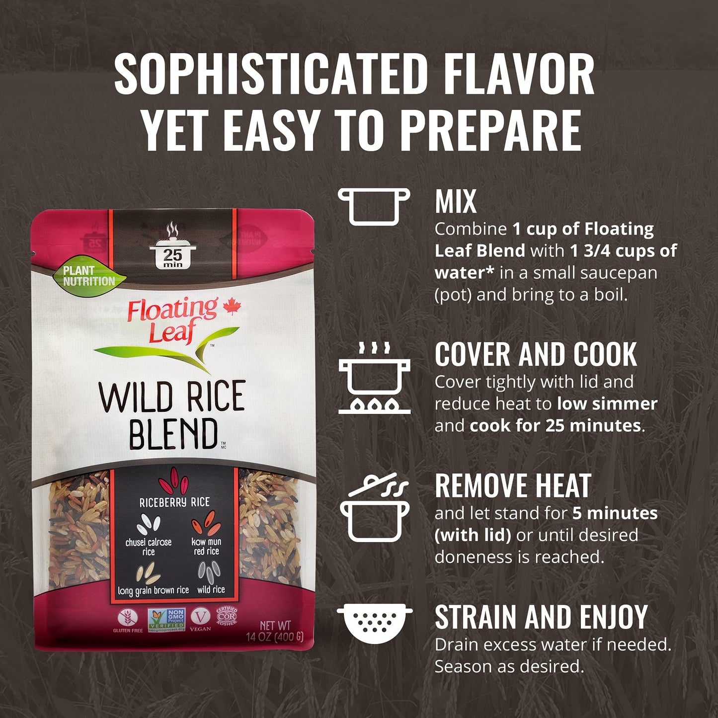 Floating Leaf Wild Rice Blend - 14 ounces, 1 count - Wild Rice Blend With Riceberry, Red Rice And Brown Rices - Gluten Free - No