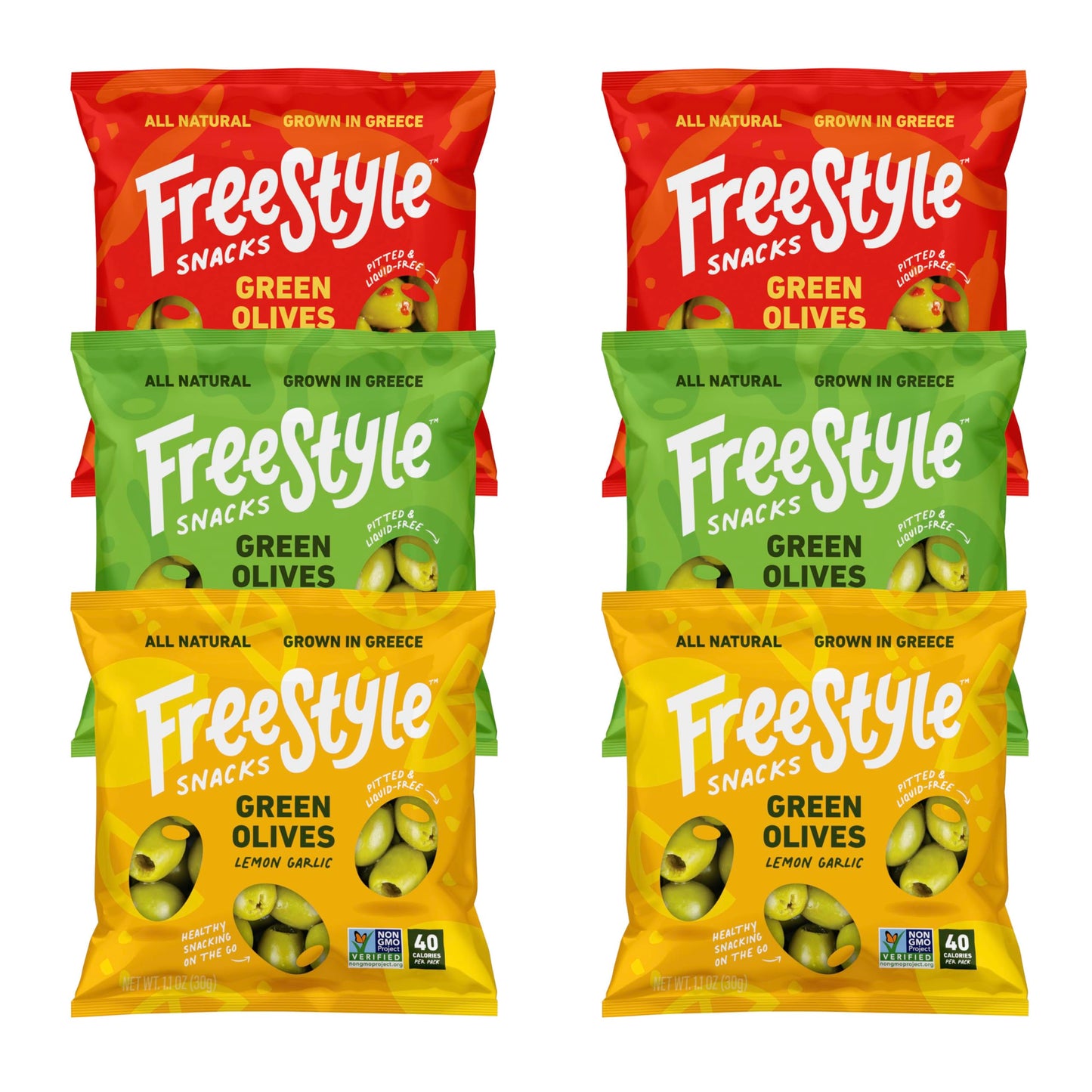 Freestyle Snacks Olive Snack Packs - Single Serve - Fresh Pitted Green Olives, Jumbo-Sized, Grown In Greece, All Natural, Non-Gm